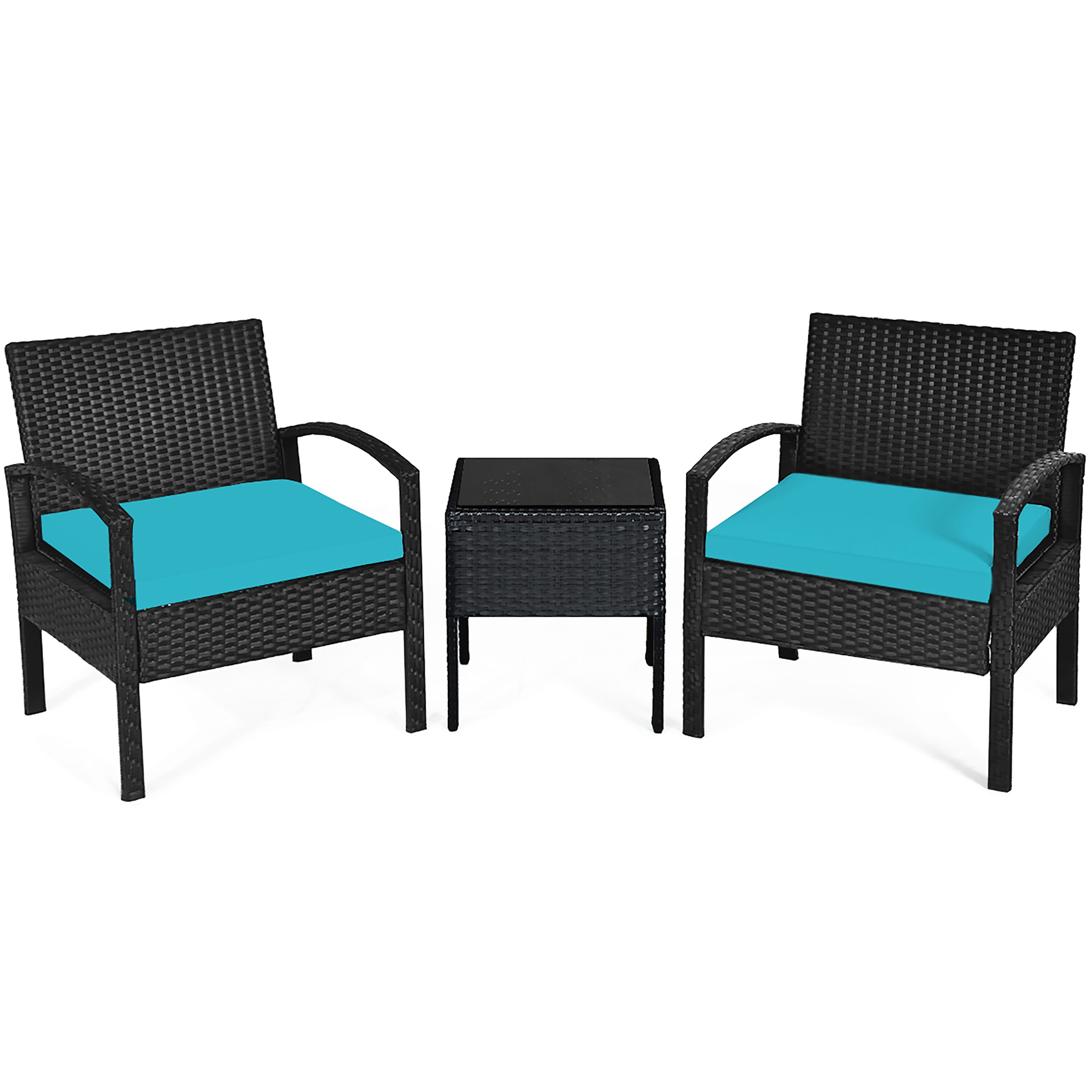 Costway HW63218TU 3 -Piece Rattan Patio Conversation Set with Blue Cushions