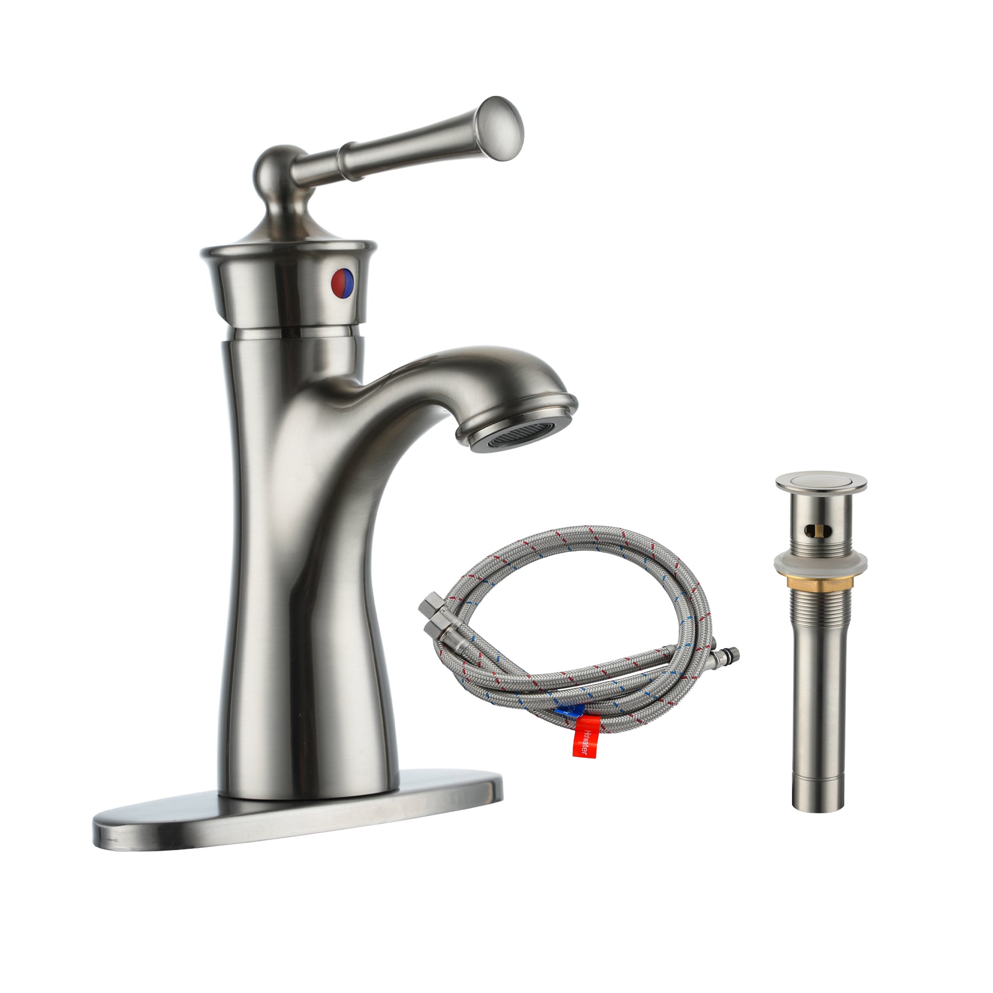 Clihome CL-LTC420SBN Bathroom Faucet with Deckplate and Drain Kit Brushed Nickel Single hole 1-handle Low-arc Commercial/Residential Handle Bathroom Sink Faucet with Drain with Deck Plate