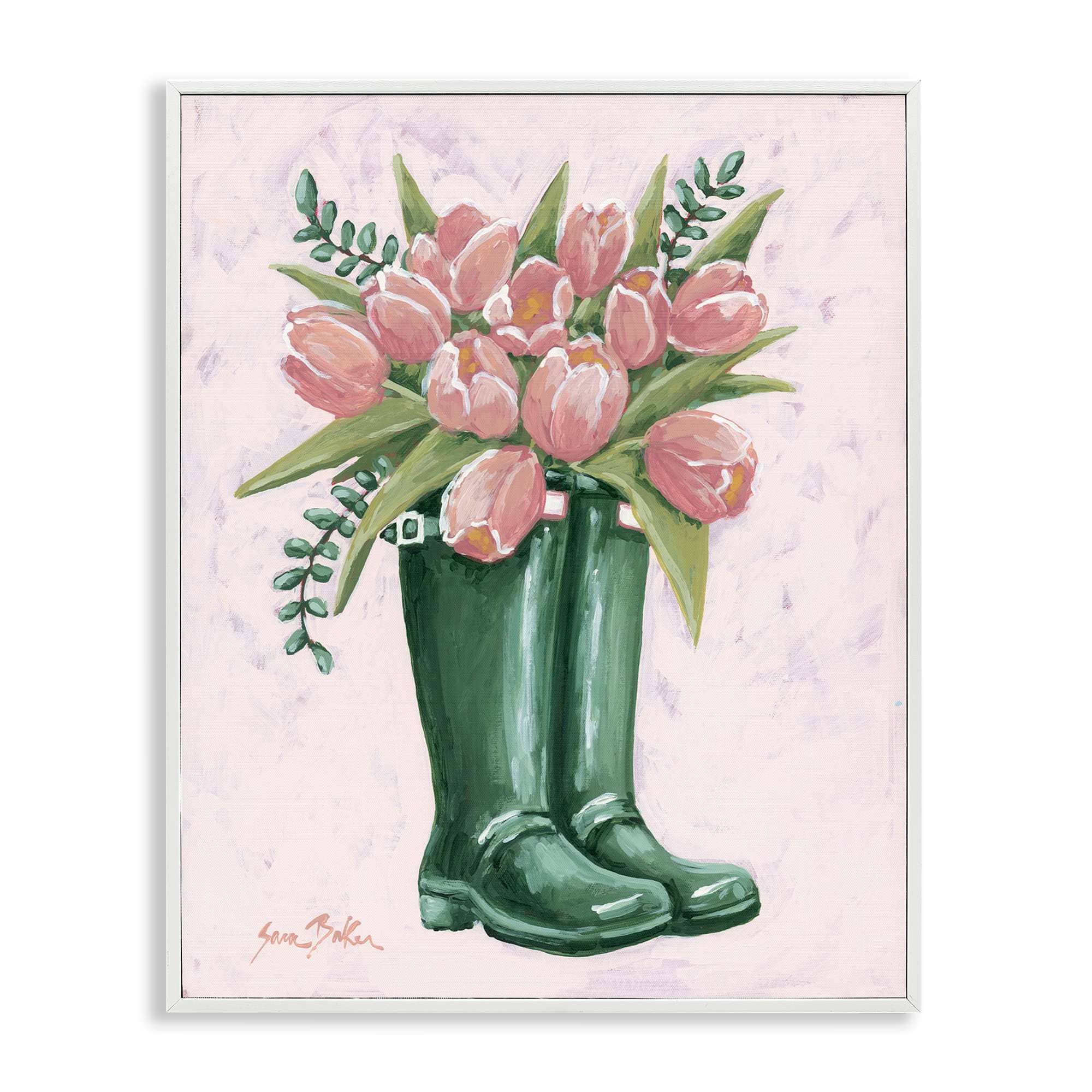 Stupell Industries - Pink Tulips in Boots White Framed Giclee Art By Sara Baker 11 x 14