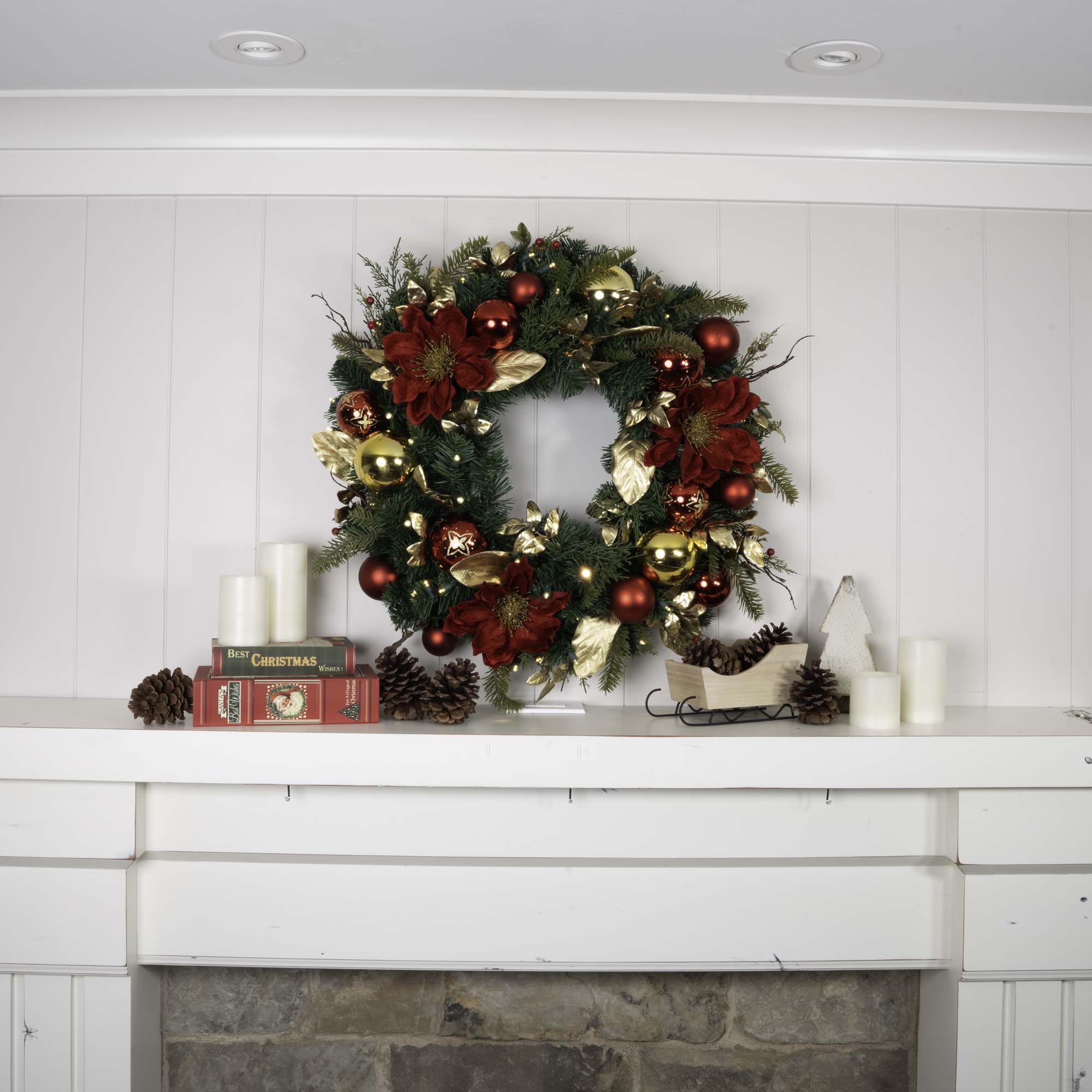 Golden Leaf Red Magnolia 30'' Artificial Christmas Wreath with LED Lights