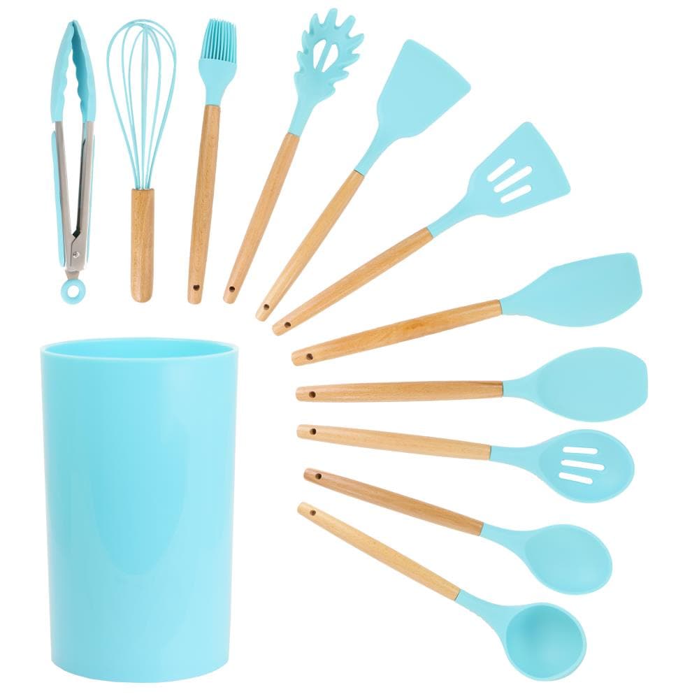 MegaChef Light Teal Silicone and Wood Cooking Utensils Set of 12