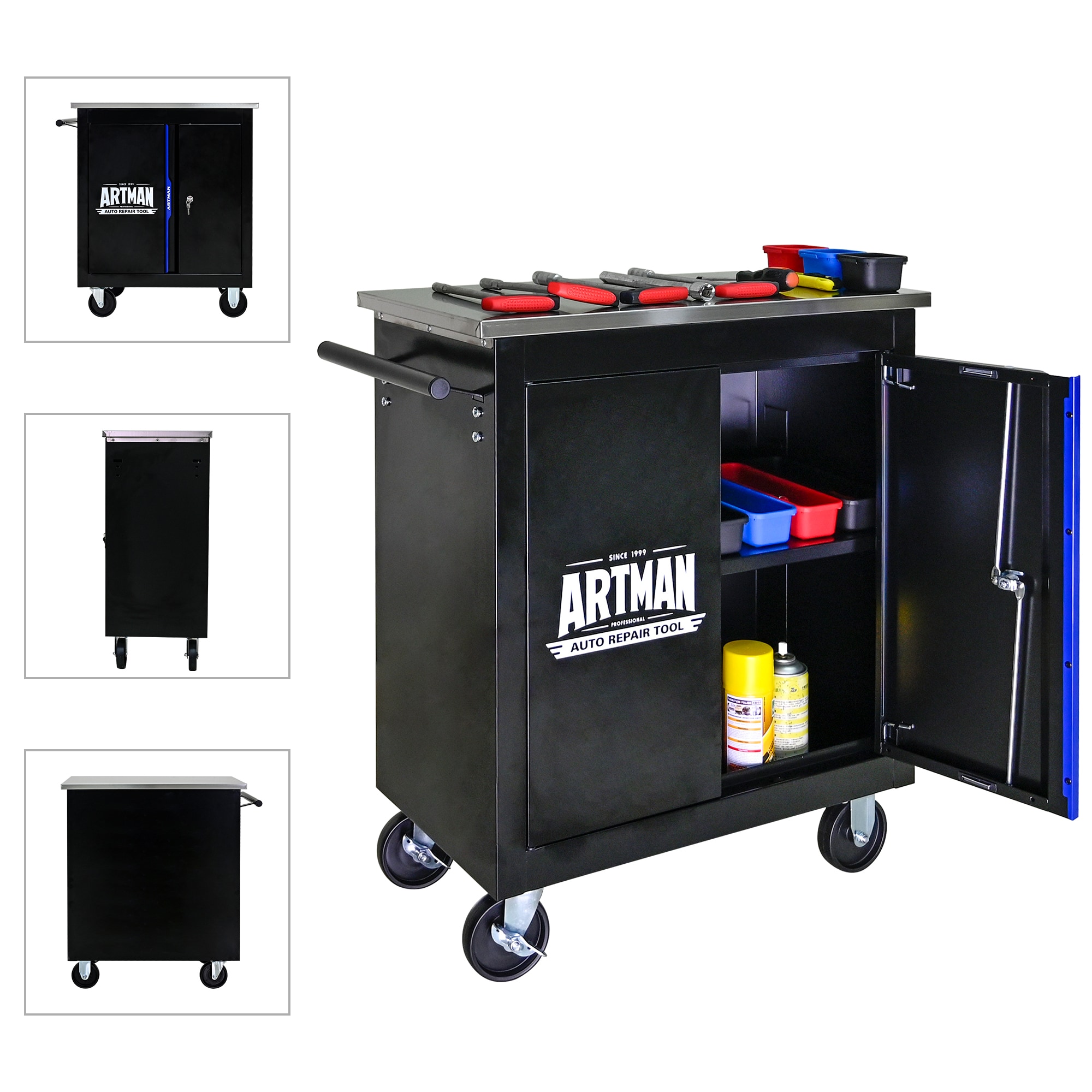 GDFStudio 344170 Movable Lockable Double Door Partition with Lock Multi-functional Hardware Storage Tool Car Auto Repair Locker-BLAKandBLUE