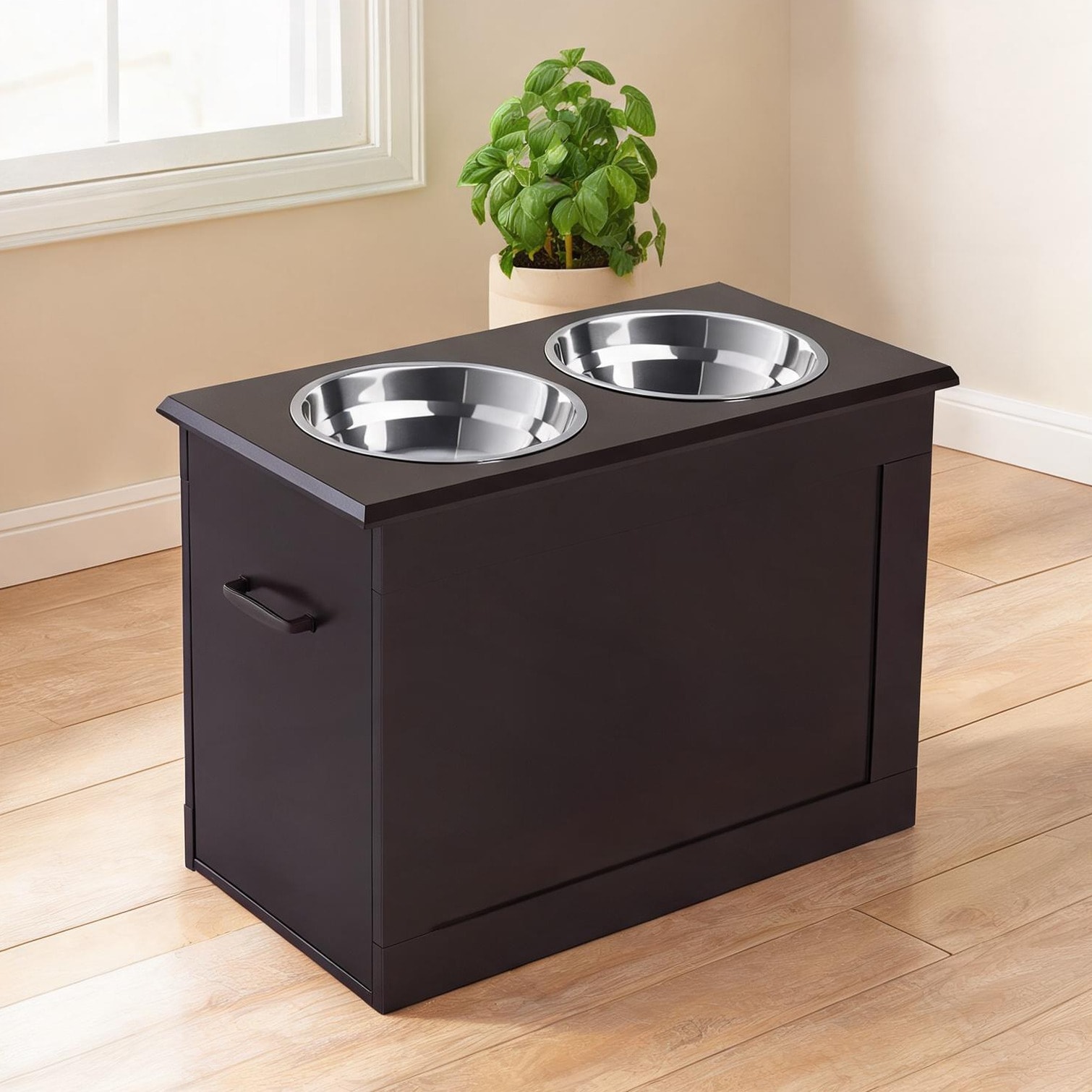 Tammesy 23.5 x 11.8 x 16.2 in Bowls and Feeders featuring Wood Panel Elevated Feeder with Storage