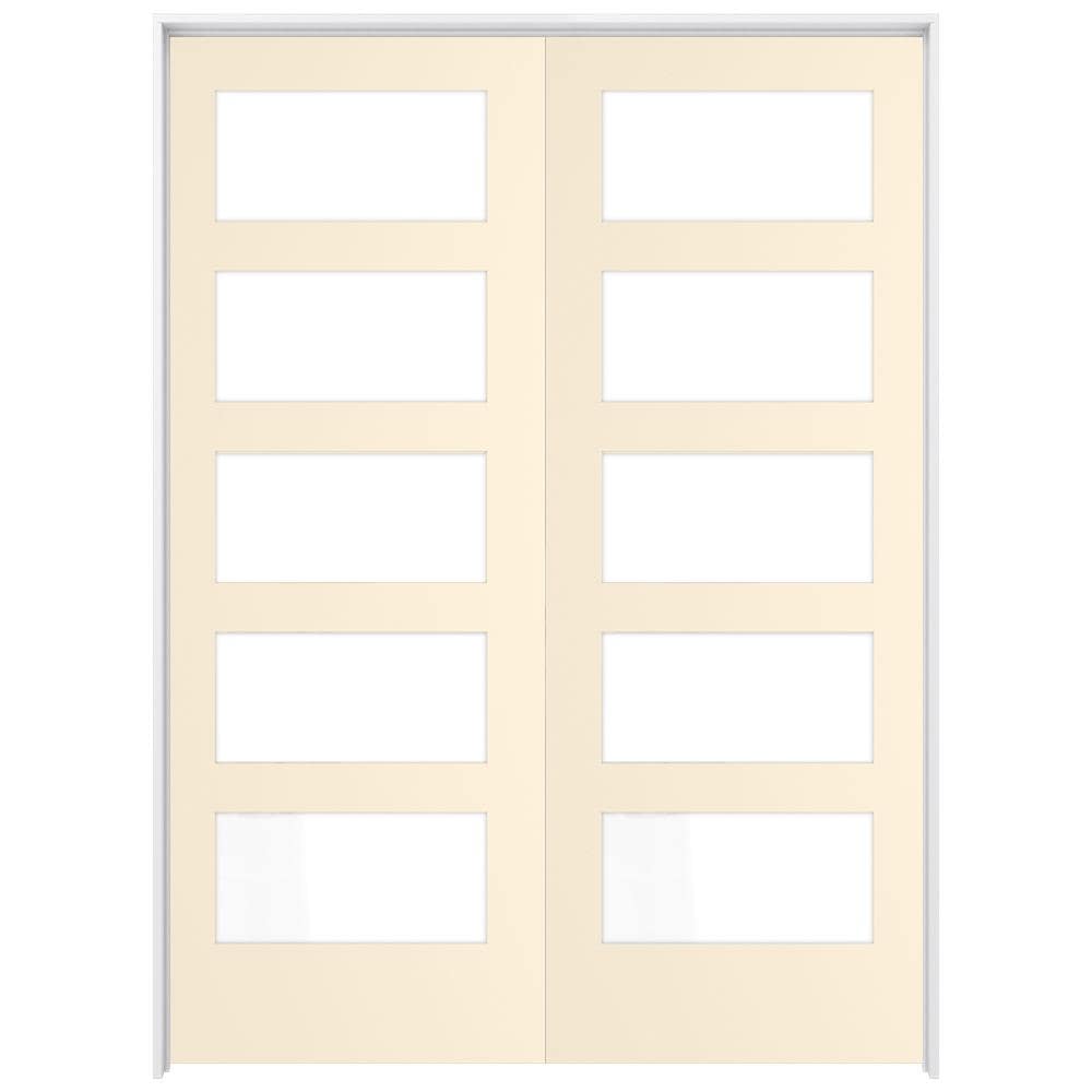 RELIABILT LO1370489 60-in x 80-in Cream-n-Sugar Solid core 5-panel equal Frosted glass Reversible/Universal Smooth Prefinished Pine Wood Flat Jamb Double Prehung Interior Door