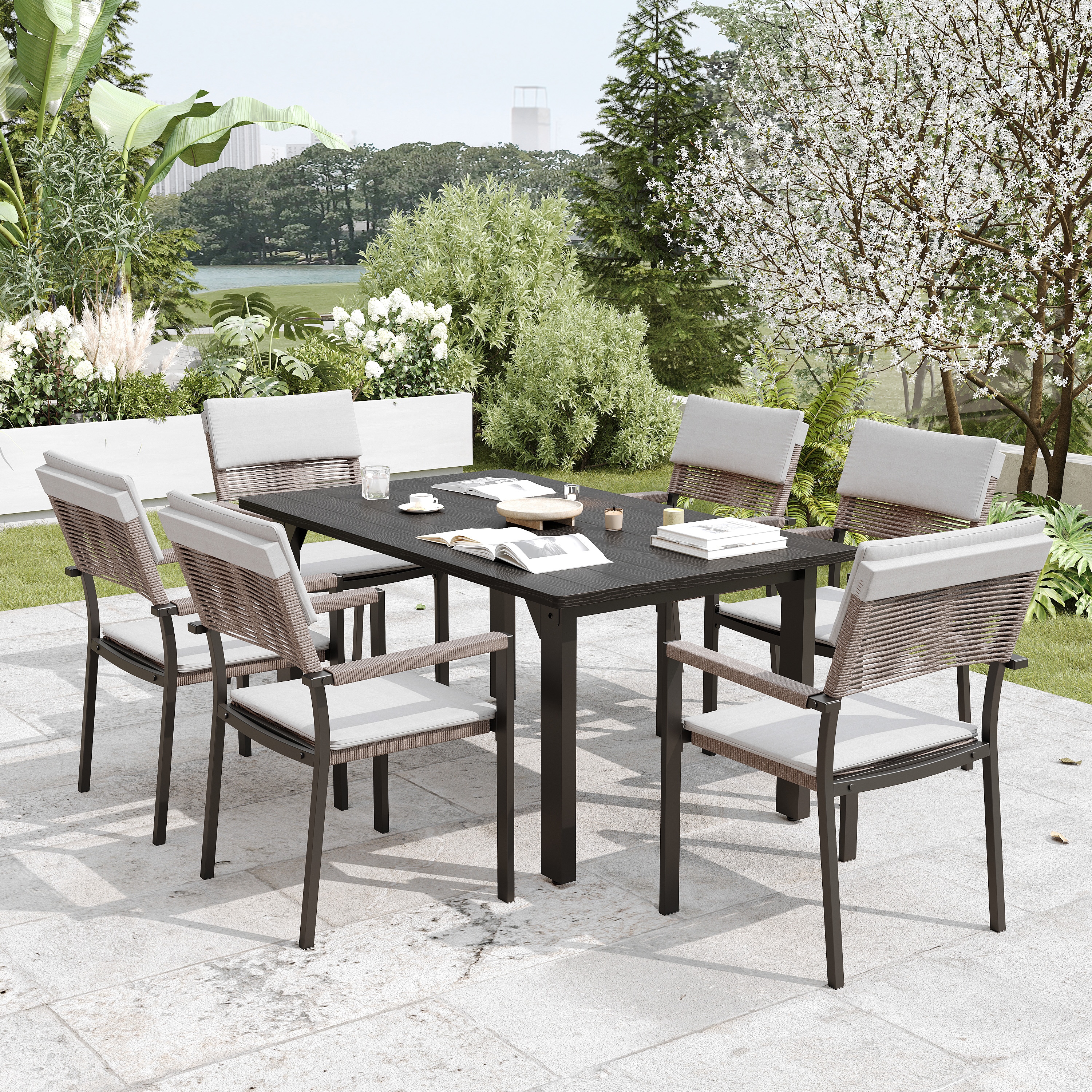 AURA OUTDOOR OIDCT-12-BR Chair Set 7 -Piece Brown Patio Dining Set 6 Brown Stackable Stationary Chairs