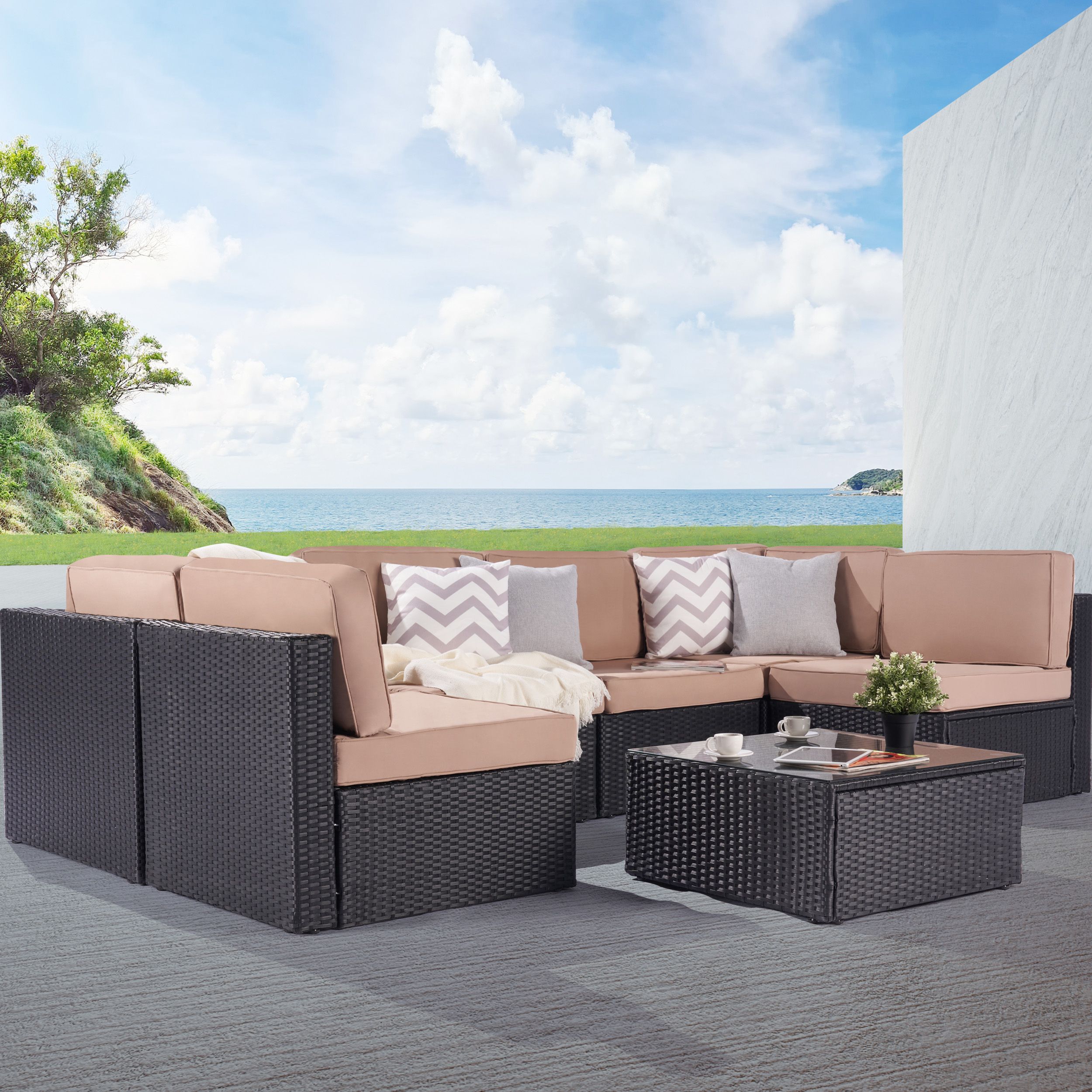SANSTAR L-WS202SNV2 Patio Conversation Set 7 -Piece Wicker Patio Sofa Conversation Set with Beige Cushions