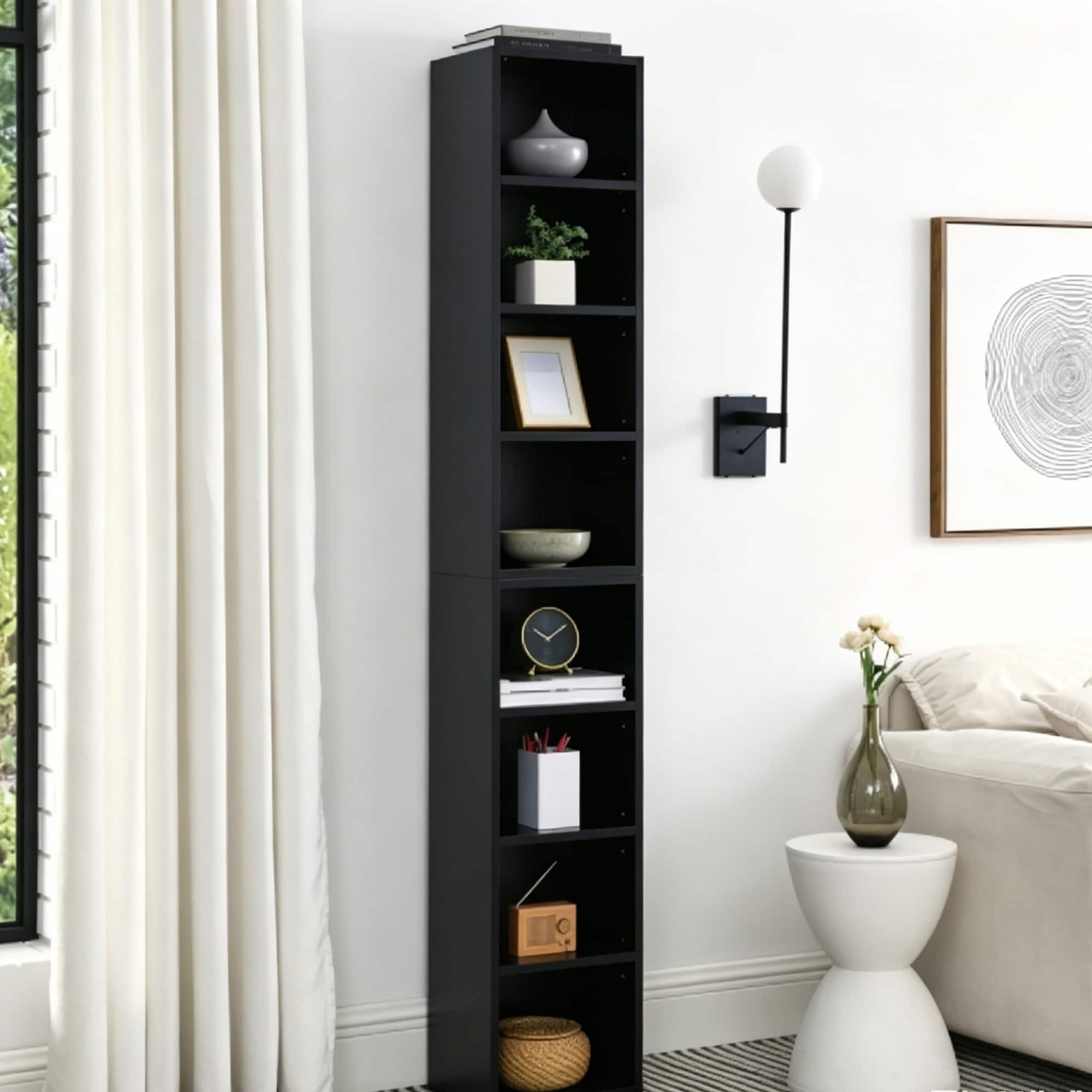 HyperDrop Cart Tall Narrow Wood 8-Tier Media Tower Rack with Adjustable Shelves Slim CD DVD Storage Cabinet for Home Office