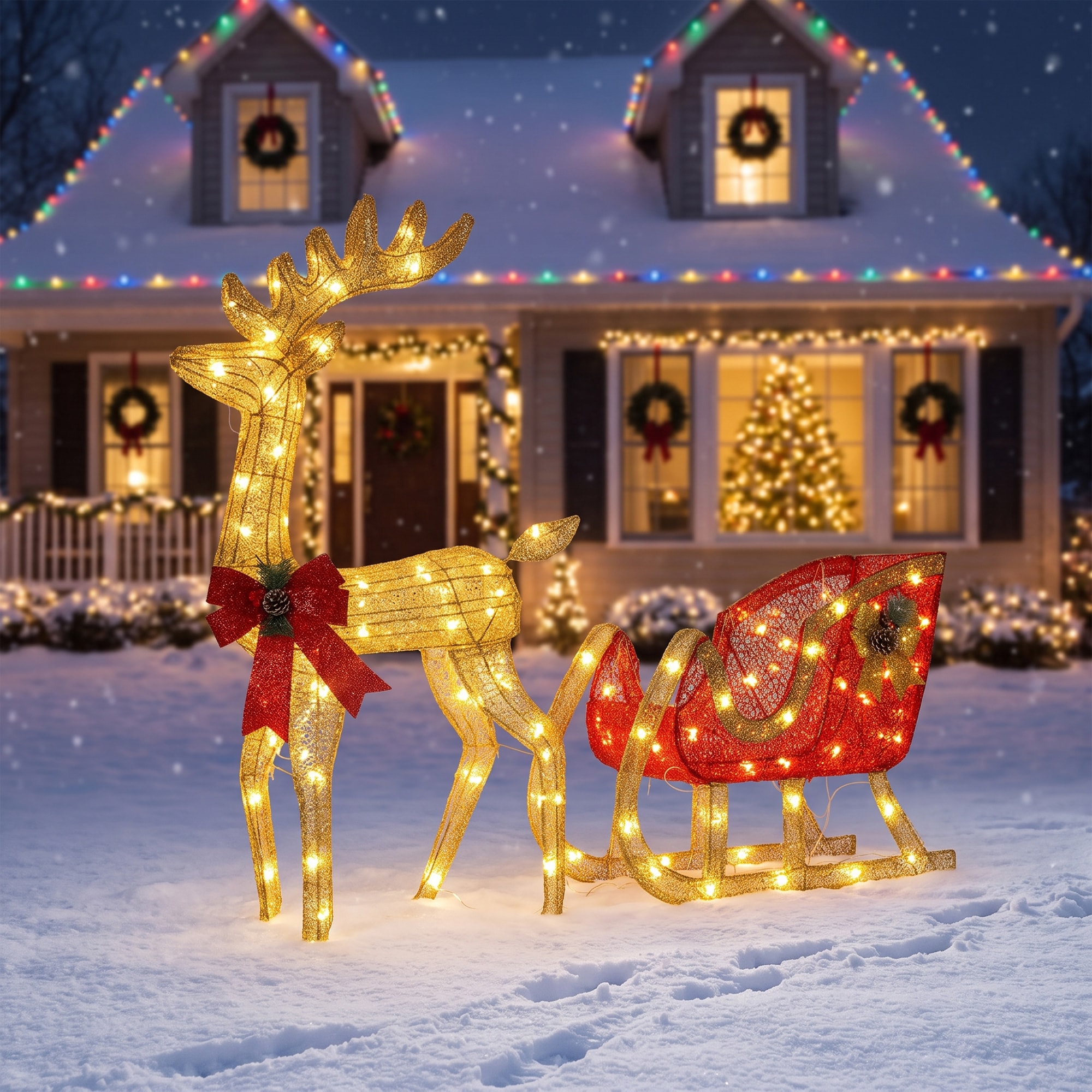 DEXSO 4ft Lighted Christmas Reindeer Sleigh Set