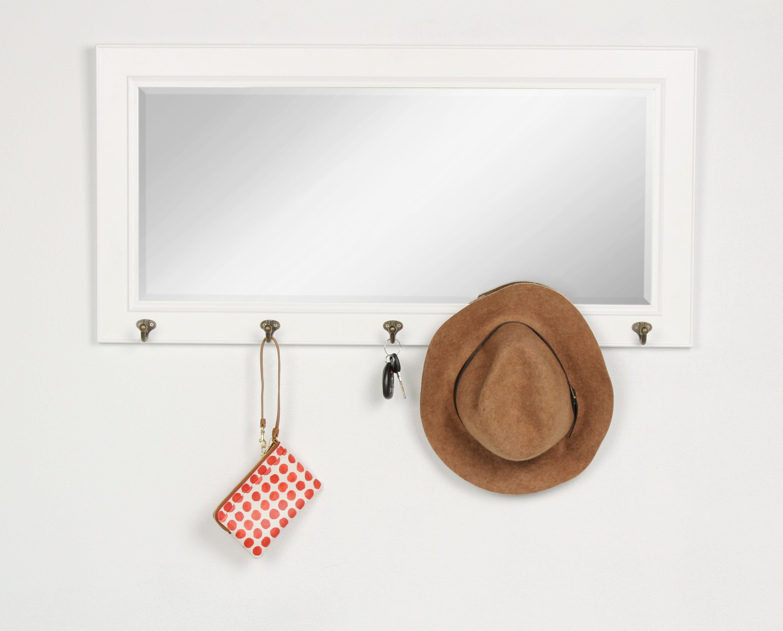 Classic Beveled Pub Mirror with White Frame and Metal Hooks 36"x18"