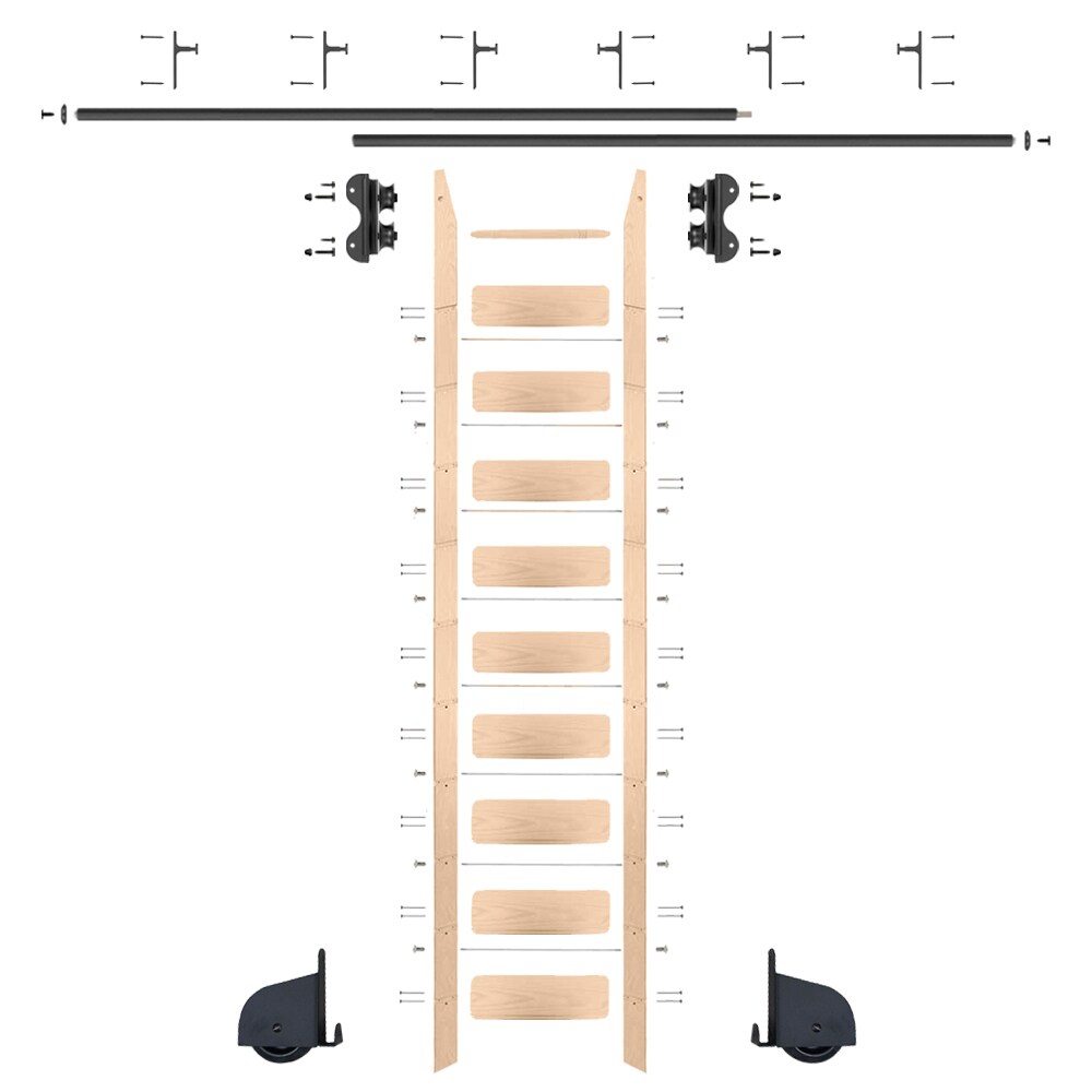 Quiet Glide QG.240-10RO-12-V.08 10 ft. Red Oak Library Ladder Black Contemporary Rolling Ladder Kit with 12 ft. Rail and Vertical Brackets