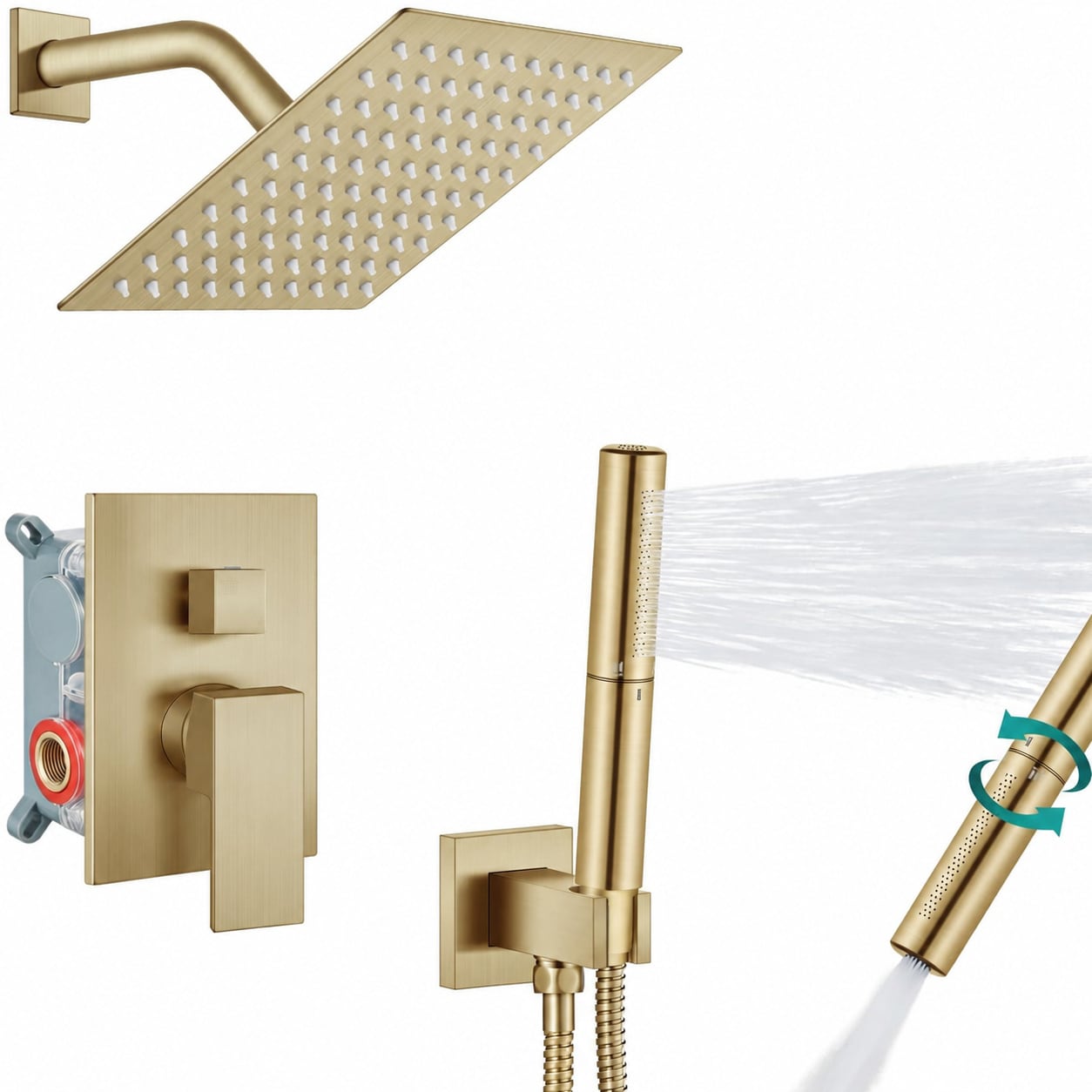 Lovav Brushed Gold 8 Inch Shower Head Matte Black Complete Shower System 2 in 1 Handheld Sprayer Rough in Valve 304 Stainless Steel