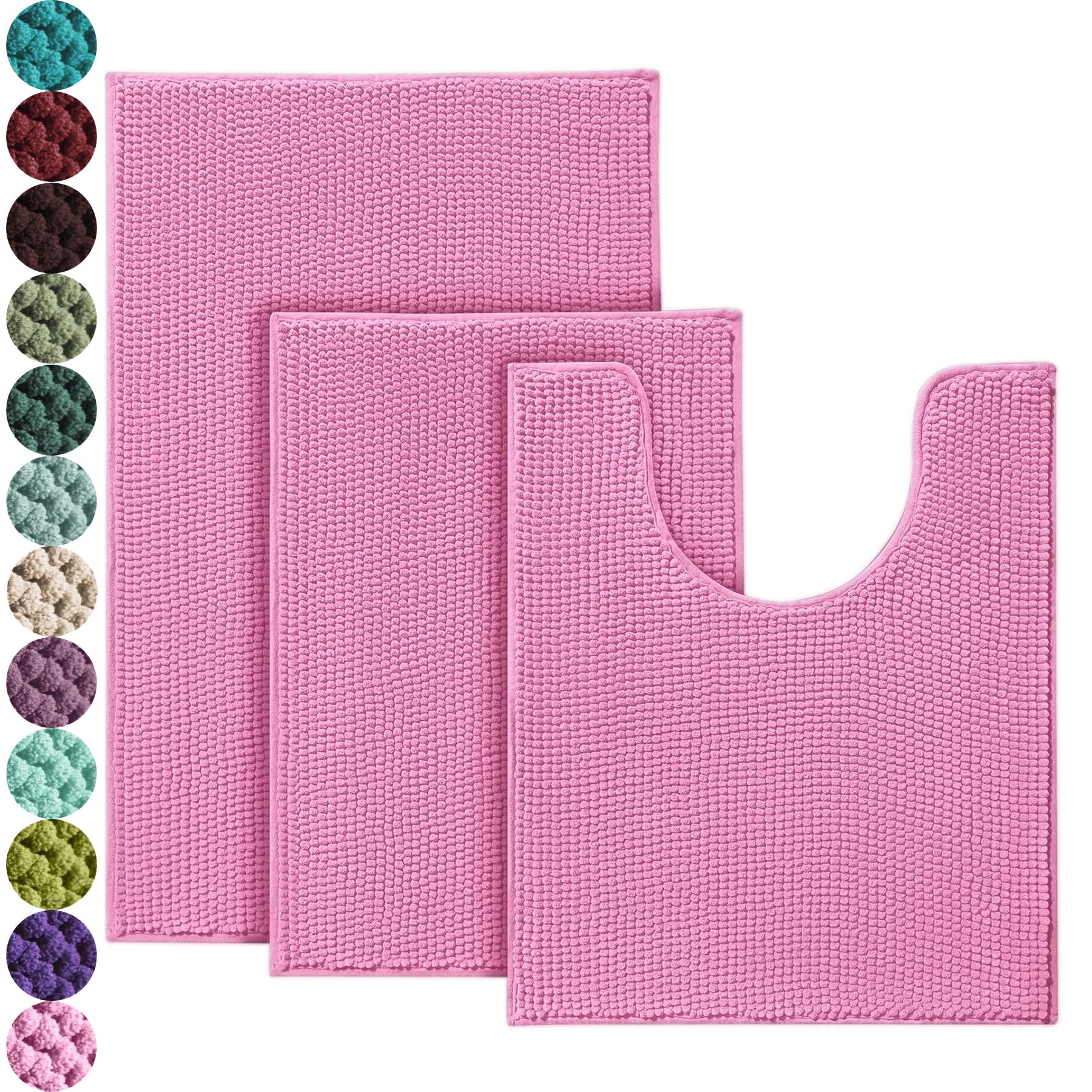 PUPWE 3 Piece Non Slip Chenille Bathroom Rug Set Ultra Soft Absorbent Washable Floor Mat