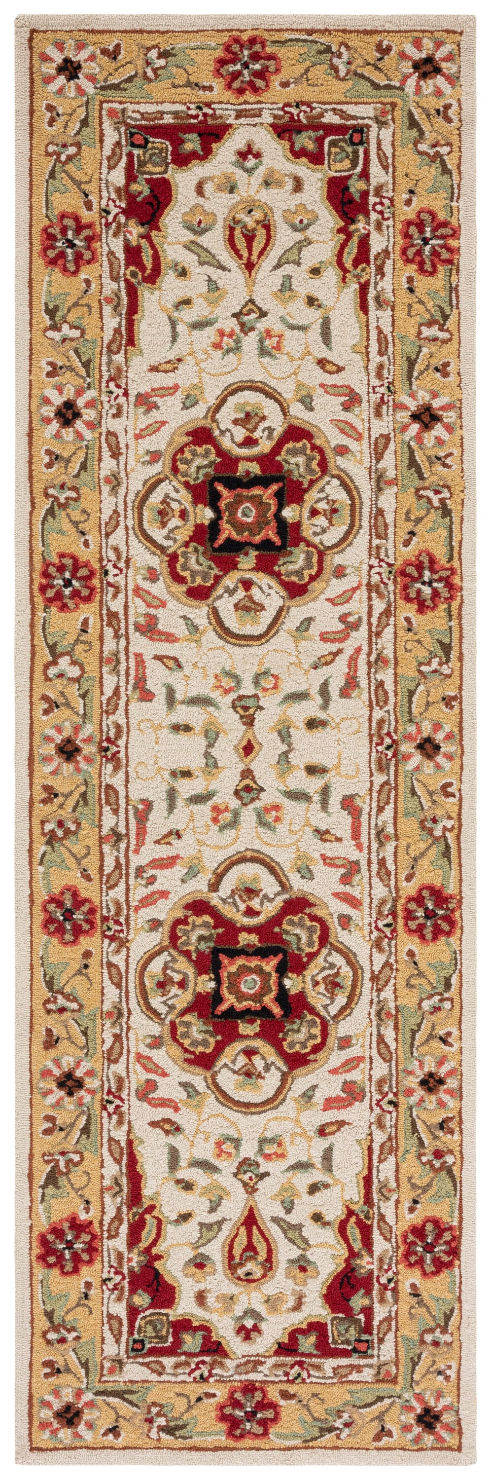 Hand Hooked Cream and Red Synthetic Runner Rug - 2'6" x 10'