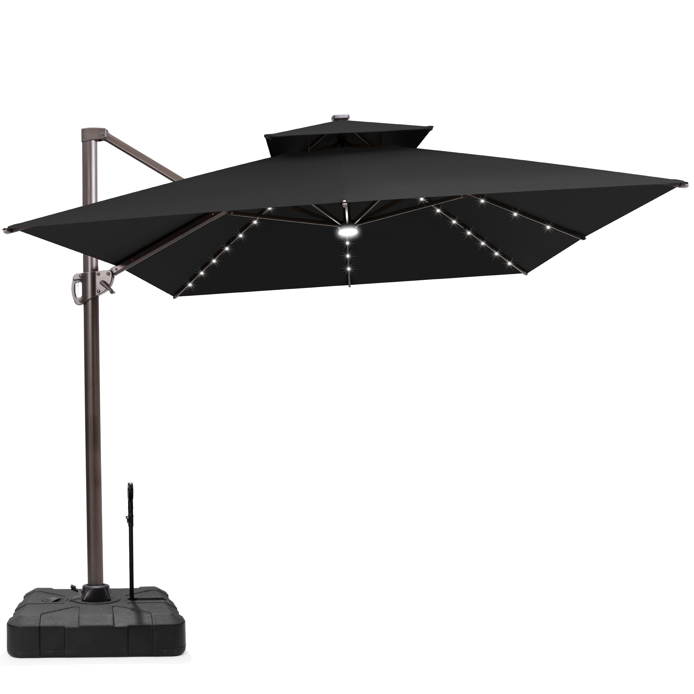 Crestlive Products CL-PU86LBLK-UB039BLK 13-ft Aluminum Black Crank Cantilever Patio Umbrella with Lights with Base