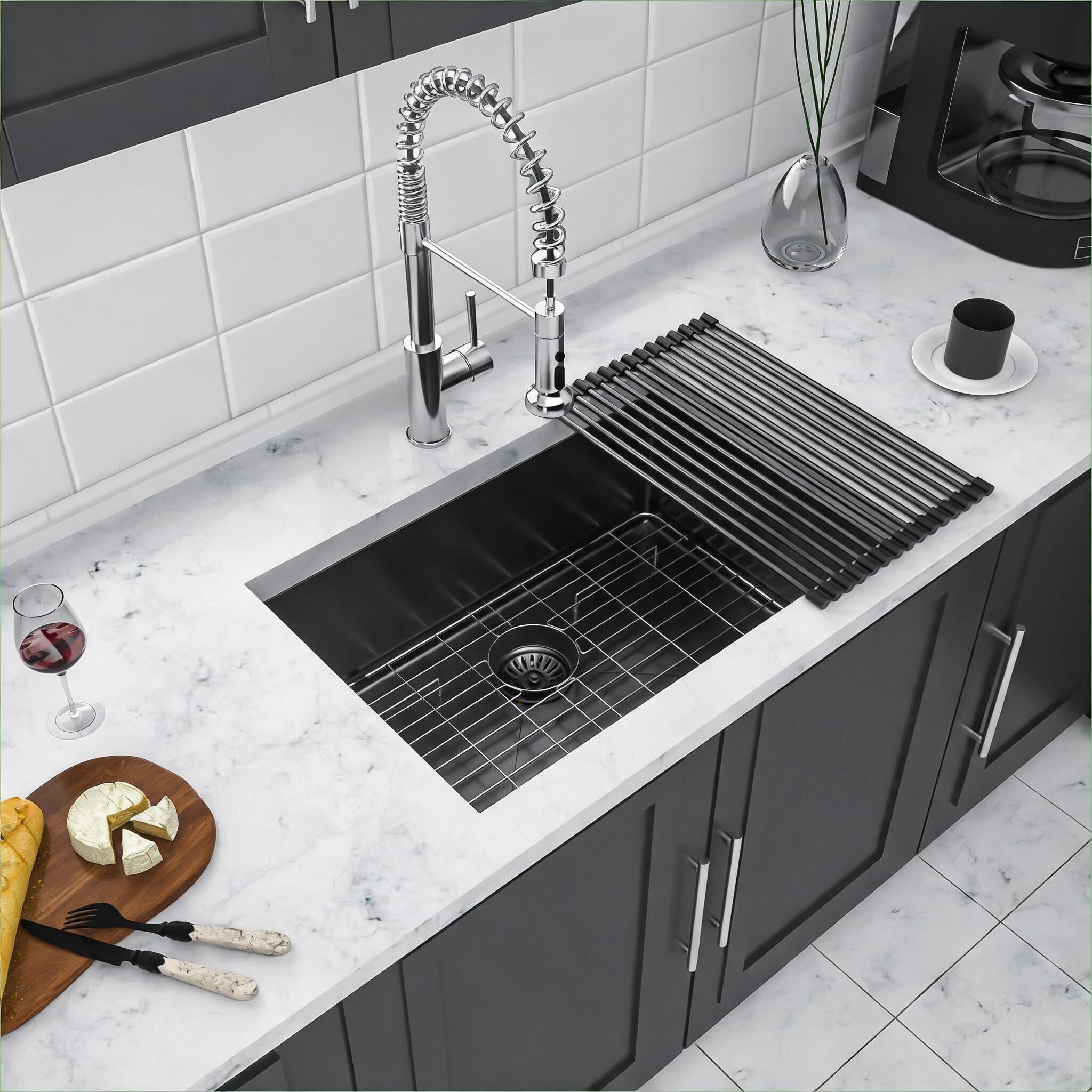 Watnature  23 times 18 times 10 Inch Undermount Single Bowl Kitchen Sink Black-toned 16 Gauge T304 Stainless Steel