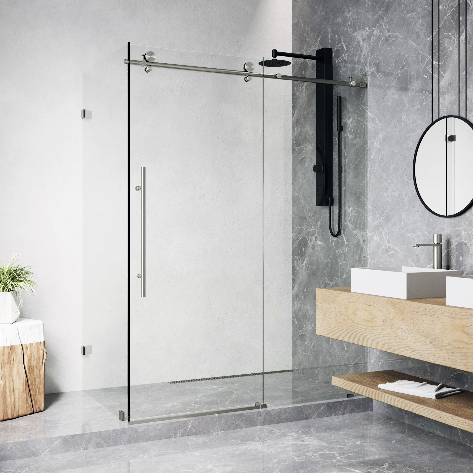 VIGO VG6053STCL48 Elan E-Class Stainless Steel 35-in W x 76-in H Frameless Clear Glass Corner Sliding Shower door