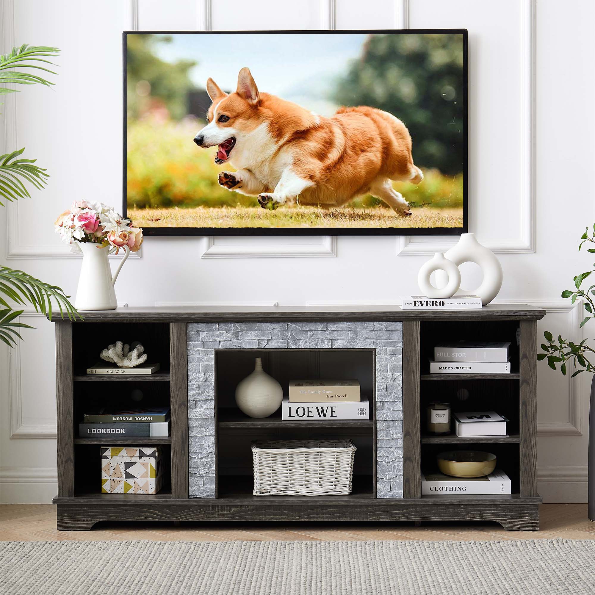 Fun Orange TV Stand Farmhouse/Rustic Gray TV cabinet ( Accommodates TVs up to 65-in )