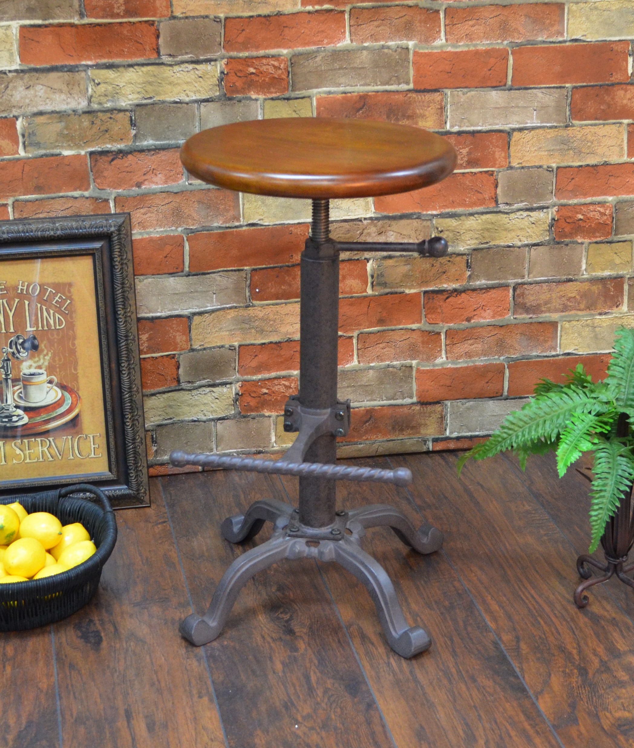 Waylon Adjustable Brown Mango Wood and Metal Swivel Stool