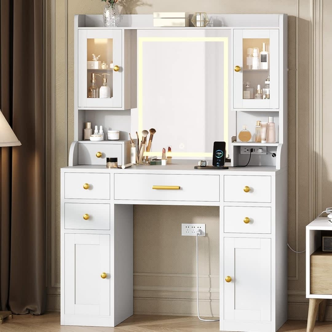 Qeetex NL-PHK-337CJSAA 41 Inch White Makeup Vanity Desk with Mirror 6 Drawers Storage Shelves RGB Cabinets 3 Lighting Modes Adjustable Brightness Dressing Table Charging Station for Bedroom