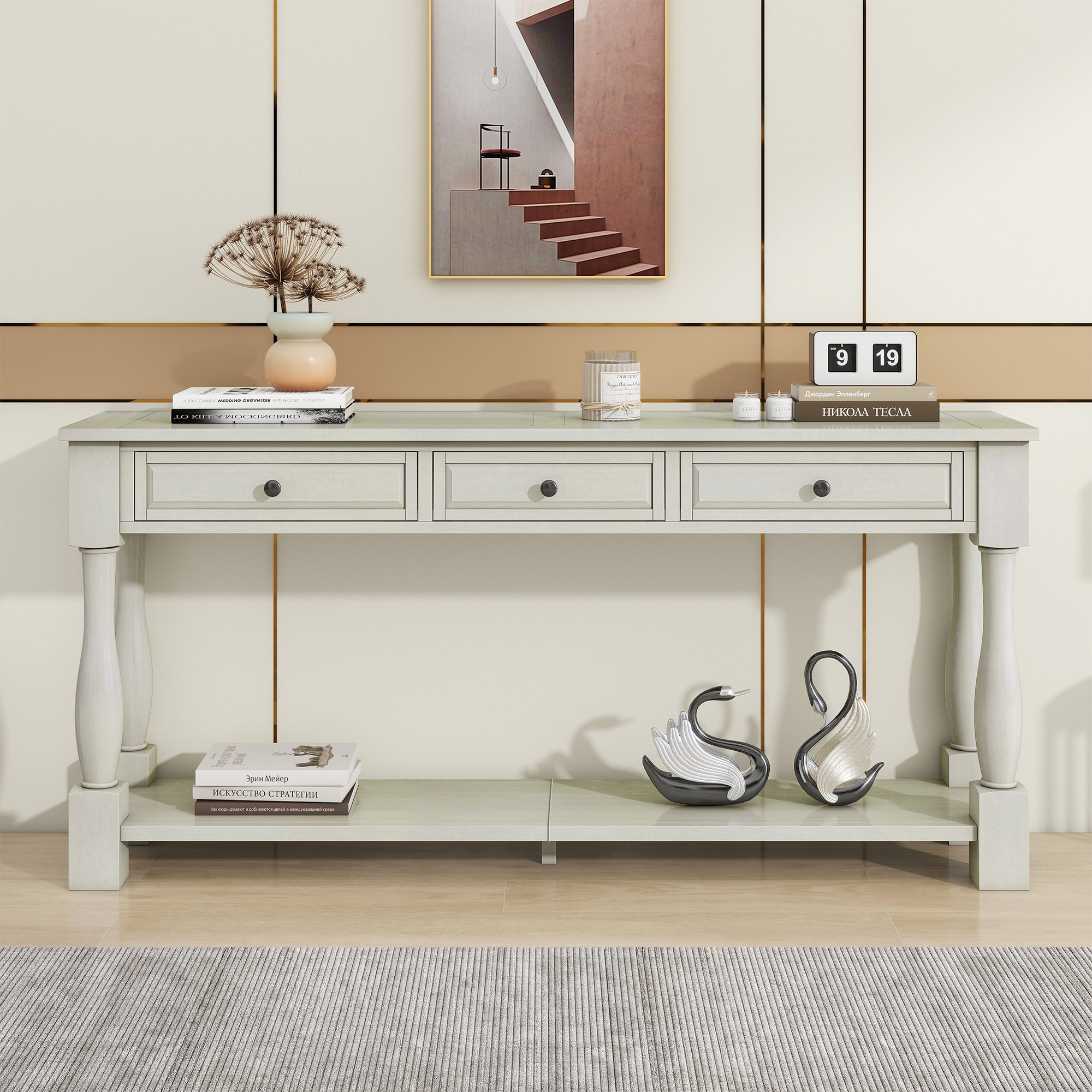 LOVMOR 63 Inch Modern Pine Wood Rectangular Antique White Console Table ...
