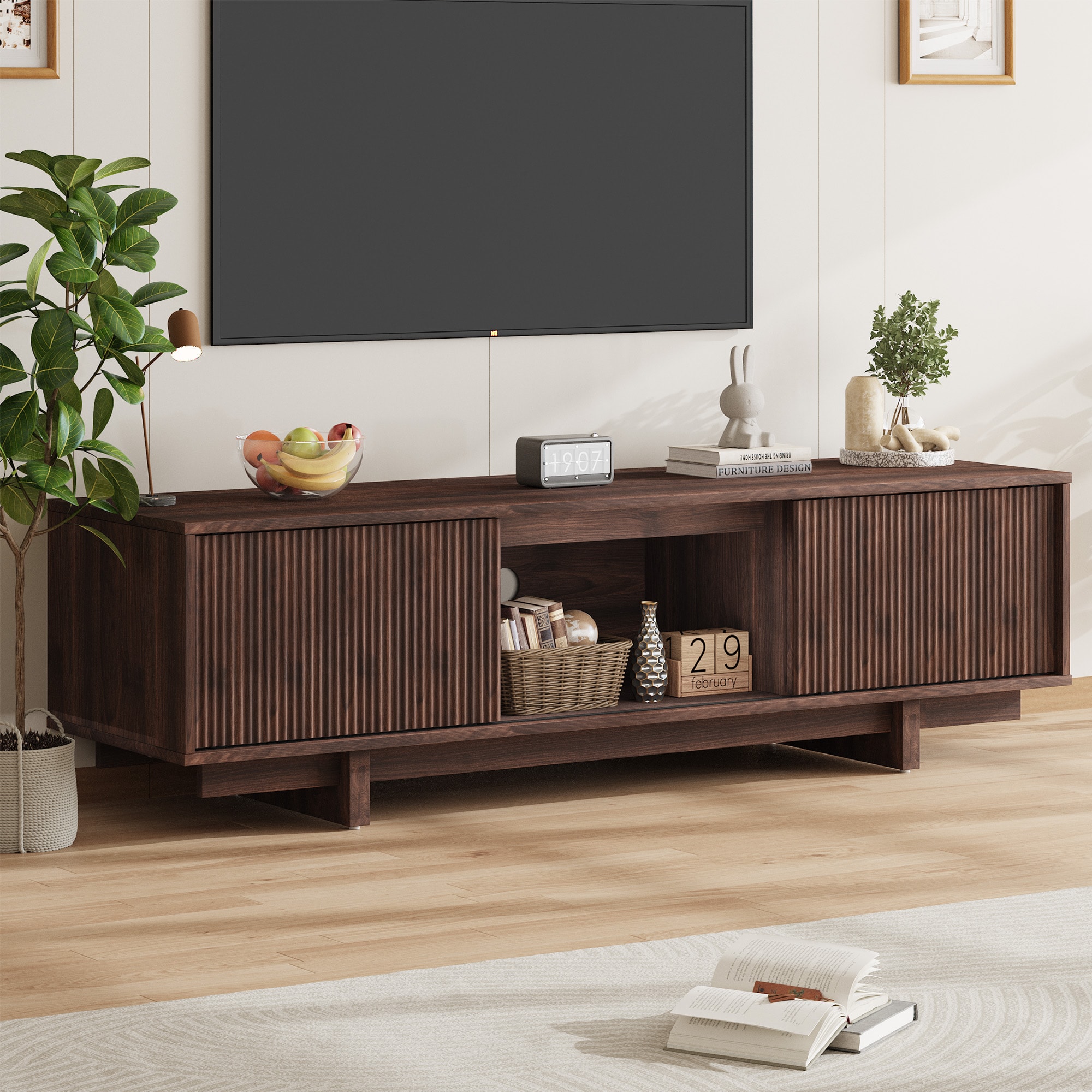 Garvee 63 Inch TV Stand Farmhouse TV Stand with Wave-like Door Mid