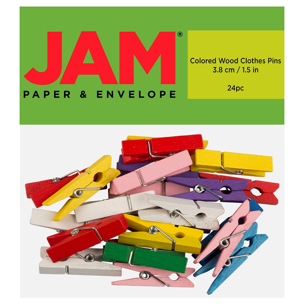 Jam Paper Wood Clothespins, Assorted Colors, Large 1 1/2 inch, 24/Pack, Size: 1.5