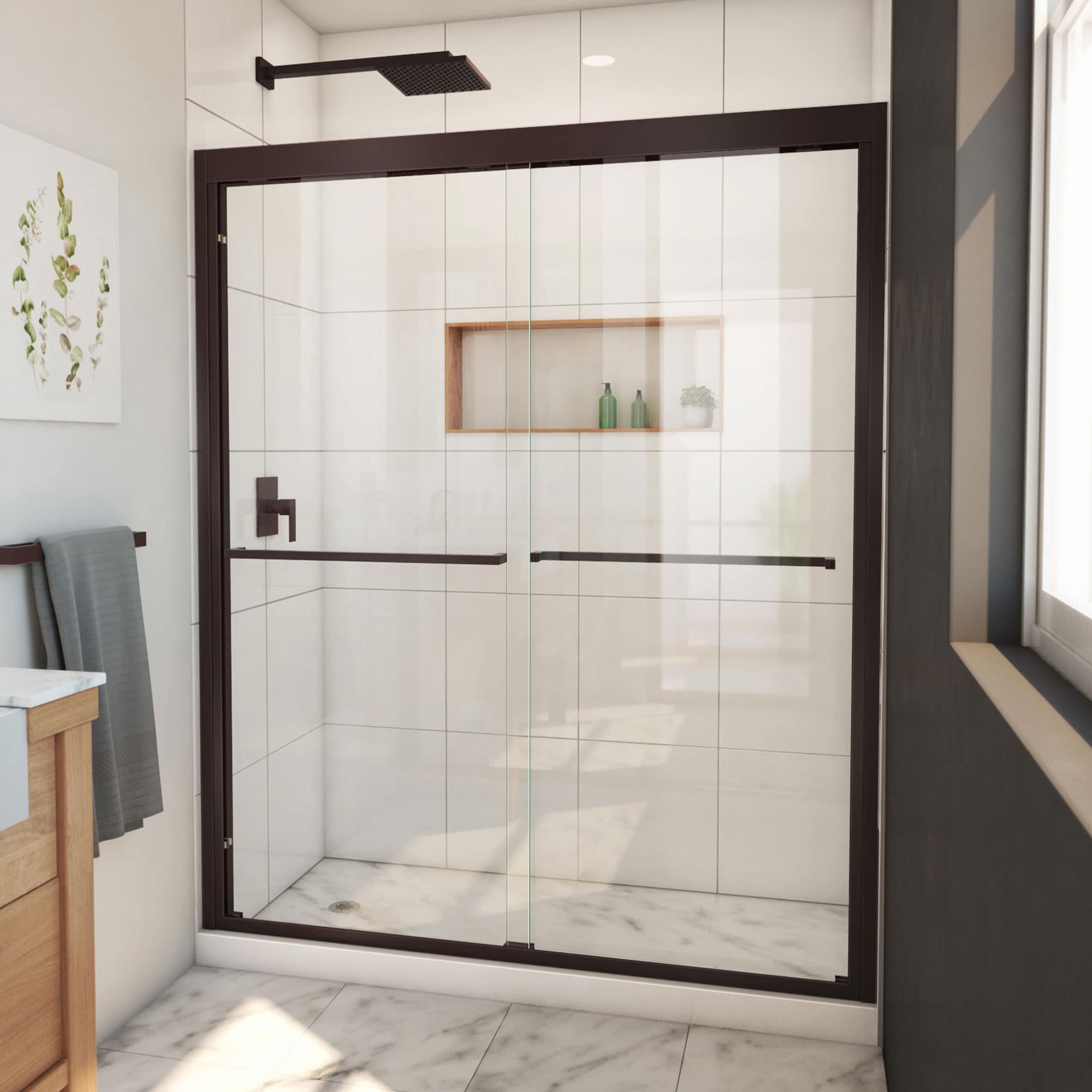 DreamLine SHDR-1860720-06 Duet Plus Oil Rubbed Bronze 56-in to 60-in W x 72-in H Semi-frameless Bypass Sliding Shower door 5/16-in Thick Clear Glass