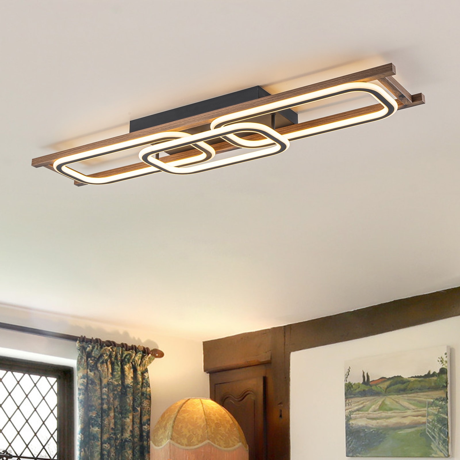 Dusklark 43.3 in. Farmhouse Rectangle Integrated LED Wood Flush Mount