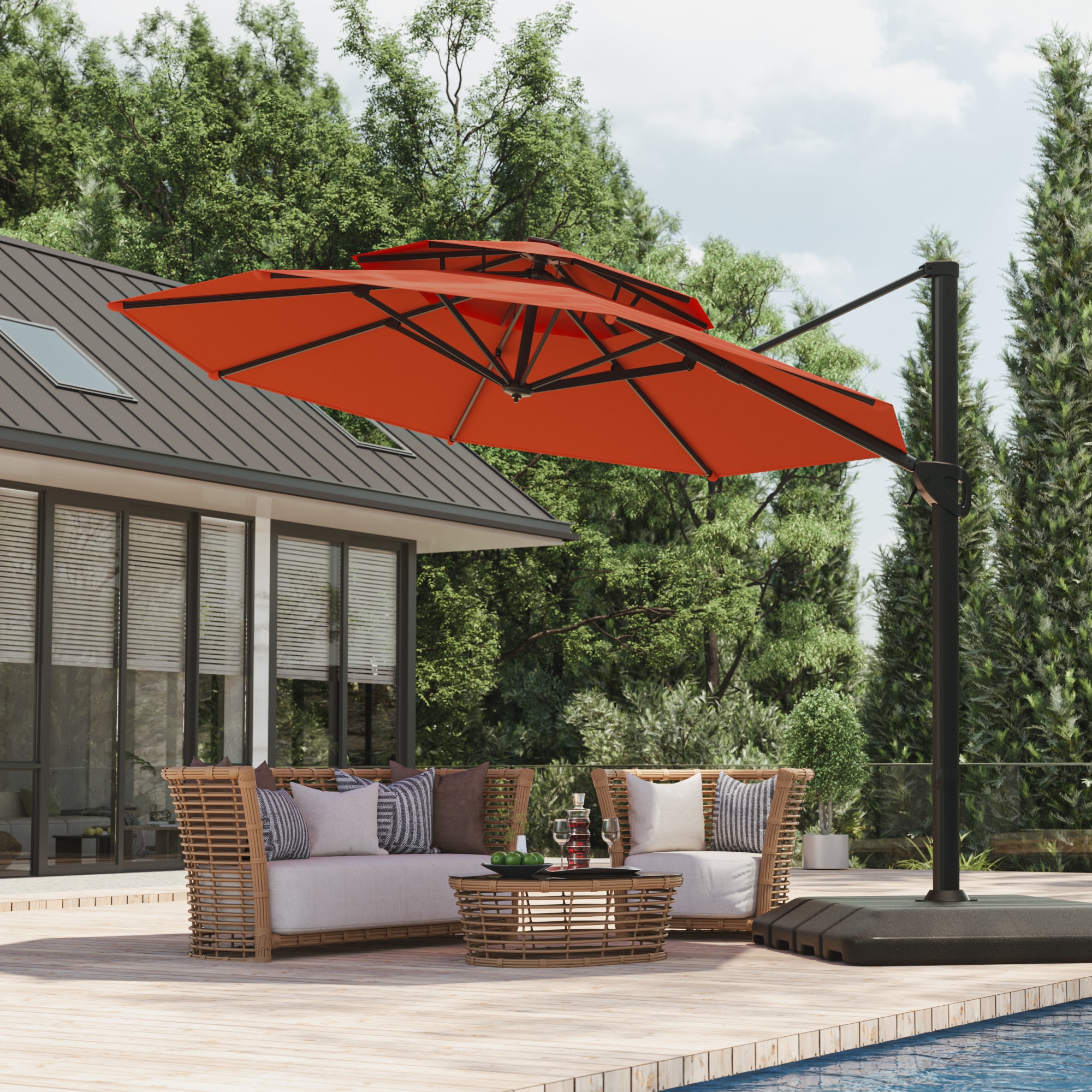 ACEGOSES LW-LED39NY-H-B 11-ft Aluminum Red No-tilt Cantilever Patio Umbrella with Base