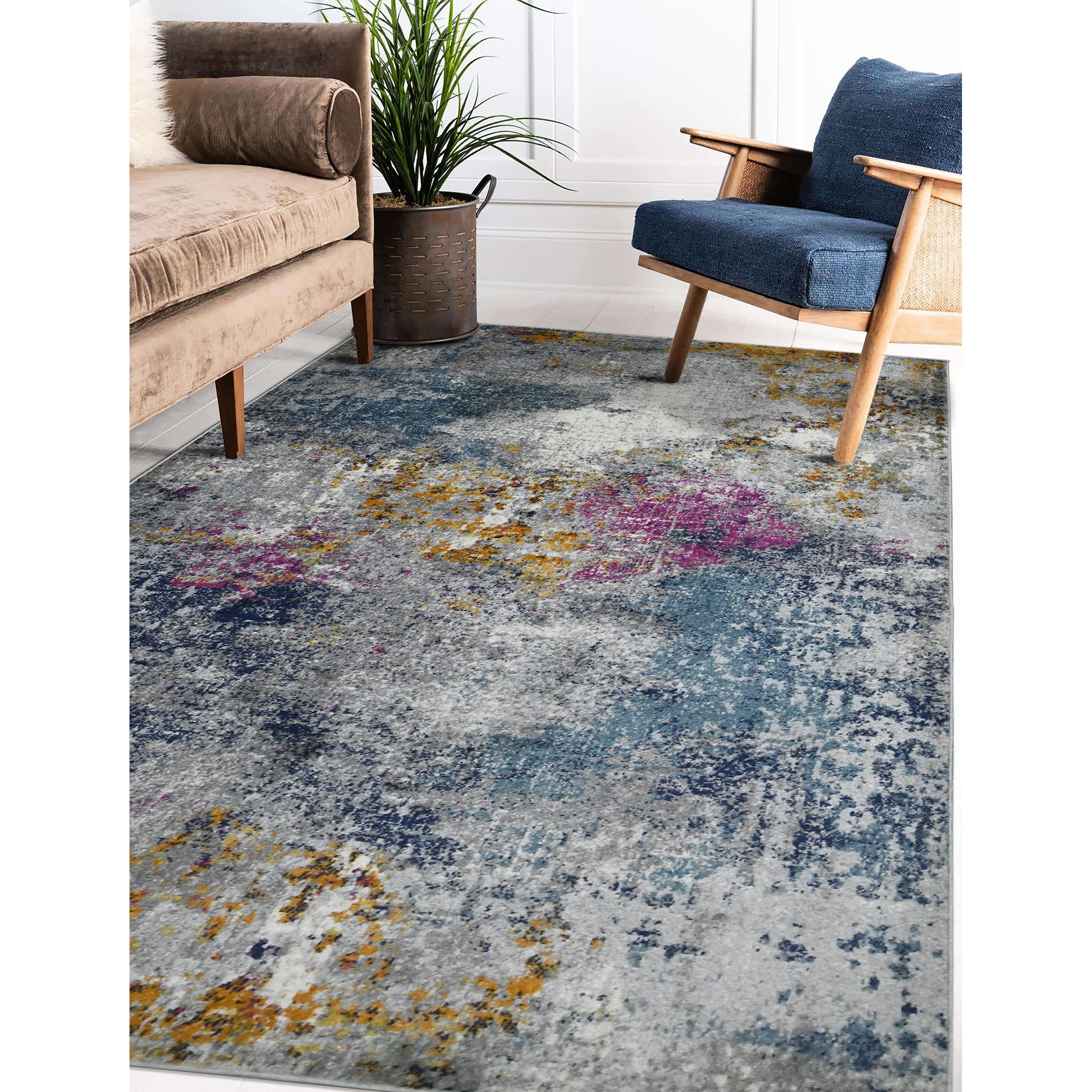 Blue and Multicolor Abstract Synthetic Rectangular Rug