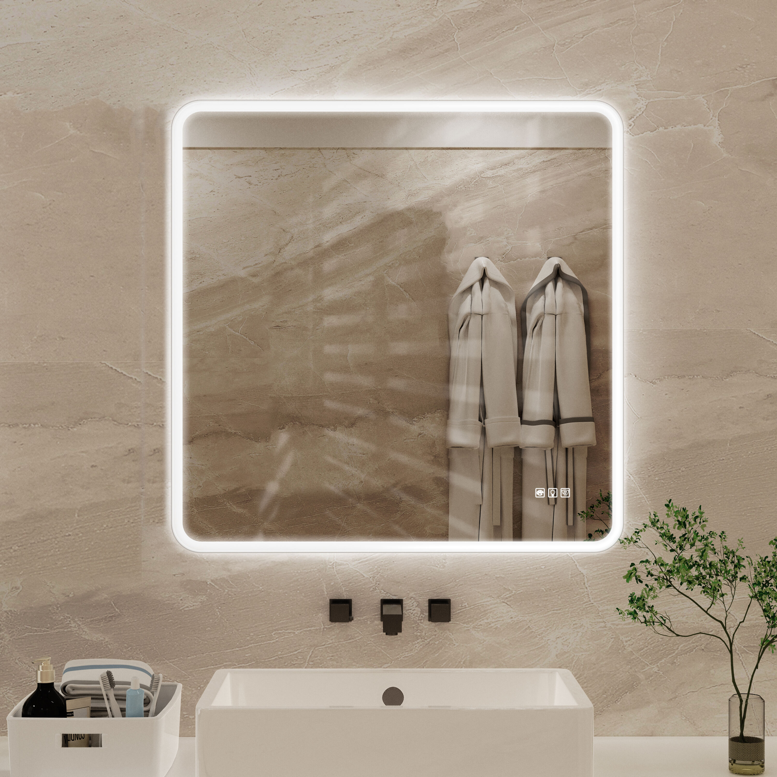 AAZJ X4P195768 Bathroom Mirrors 36-in x 36-in Framed Square Dimmable LED Lighted Fog Free Bathroom Vanity Mirror ( Matte White )