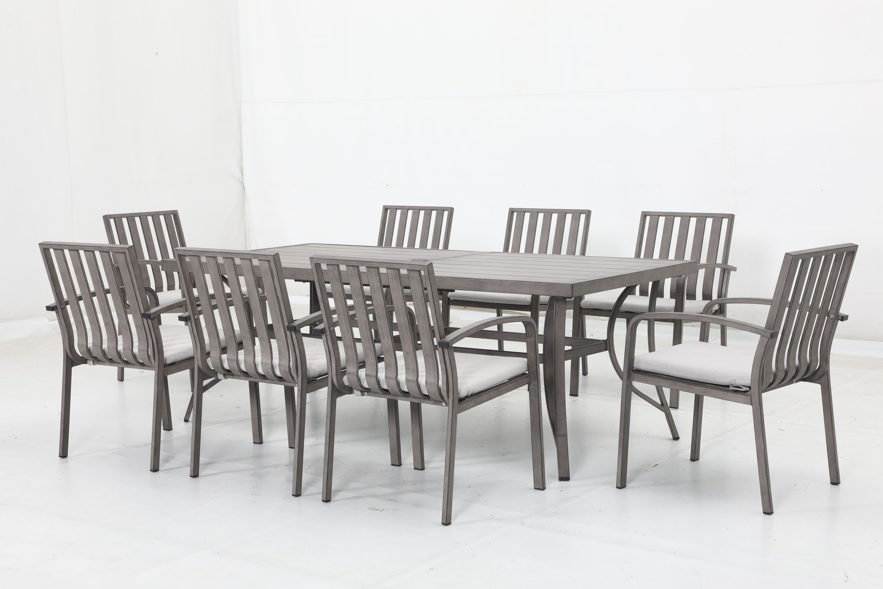 CikaCika L168085A 9 -Piece Gray Patio Dining Set Aluminum Rectangle Table with 8 Beige Cushions Stationary Chairs