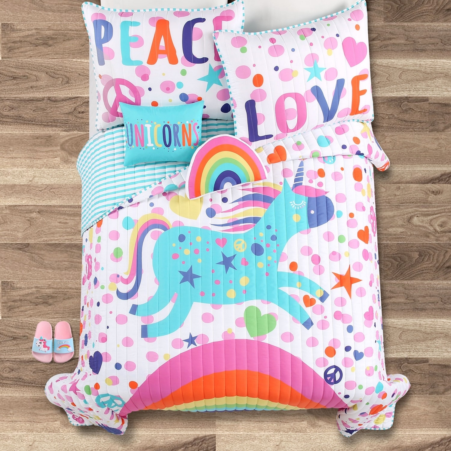 Full White Microfiber Reversible Unicorn Rainbow Quilt Set