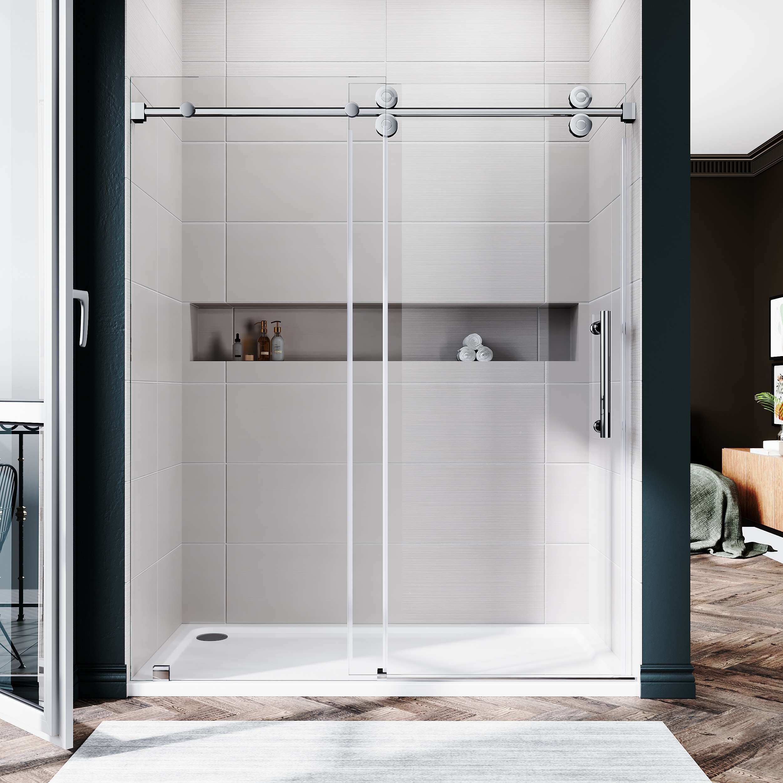 UNIKOO UKS04 46 in to 49 in x 80 in H Frameless Sliding Shower Door in Bright Chrome with EnduroShield 3/8 in SGCC Clear Glass