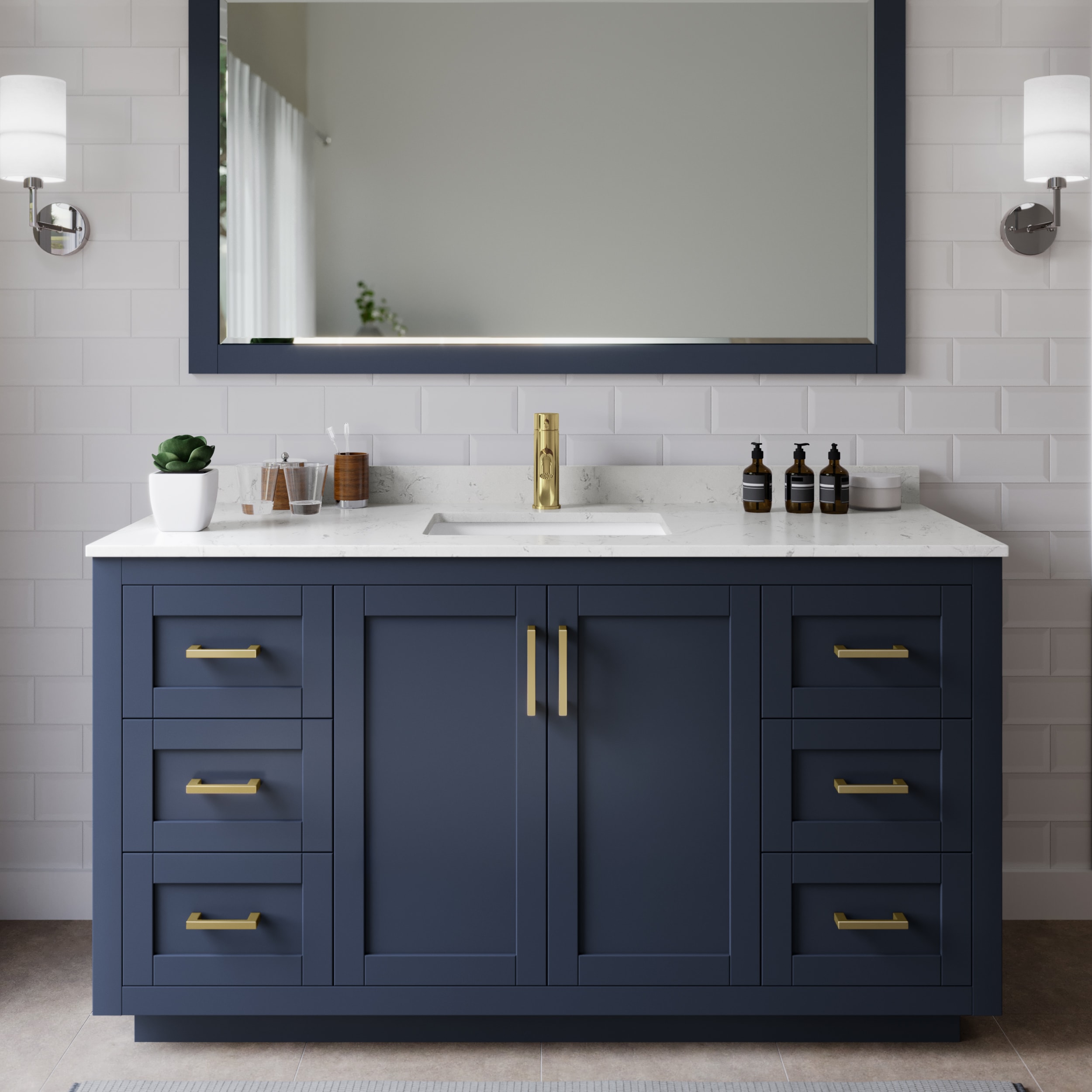 Wyndham Collection WCF292960SBLC2UNSMXX Miranda 60-in Dark Blue with Brushed Gold Trim Undermount Single sink Bathroom Vanity with Carrara Cultured Marble Cultured marble Top