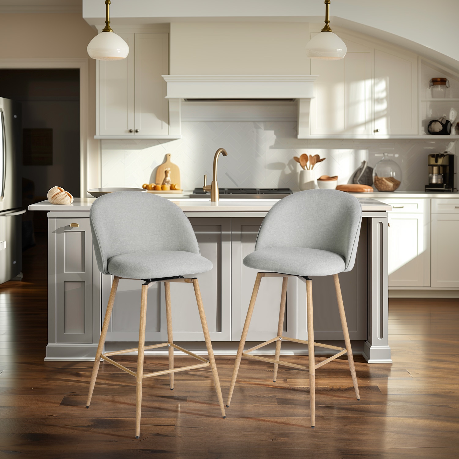 Homy Casa HASEEB GREY 2 HASEEB 26 in. Modern Swivel Upholstered Counter Height Bar Stool with Curved Back Pebble Grey Fabric and Oak Legs (Set of 2)