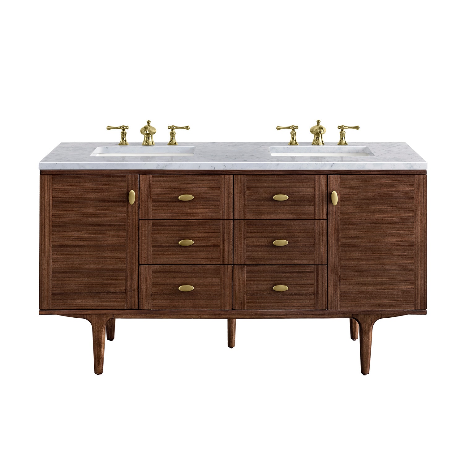 James Martin Vanities 670-V60D-WLT-3CAR Amberly 60-in Mid-Century Walnut Undermount Double sink Bathroom Vanity with Carrara Marble Marble Top