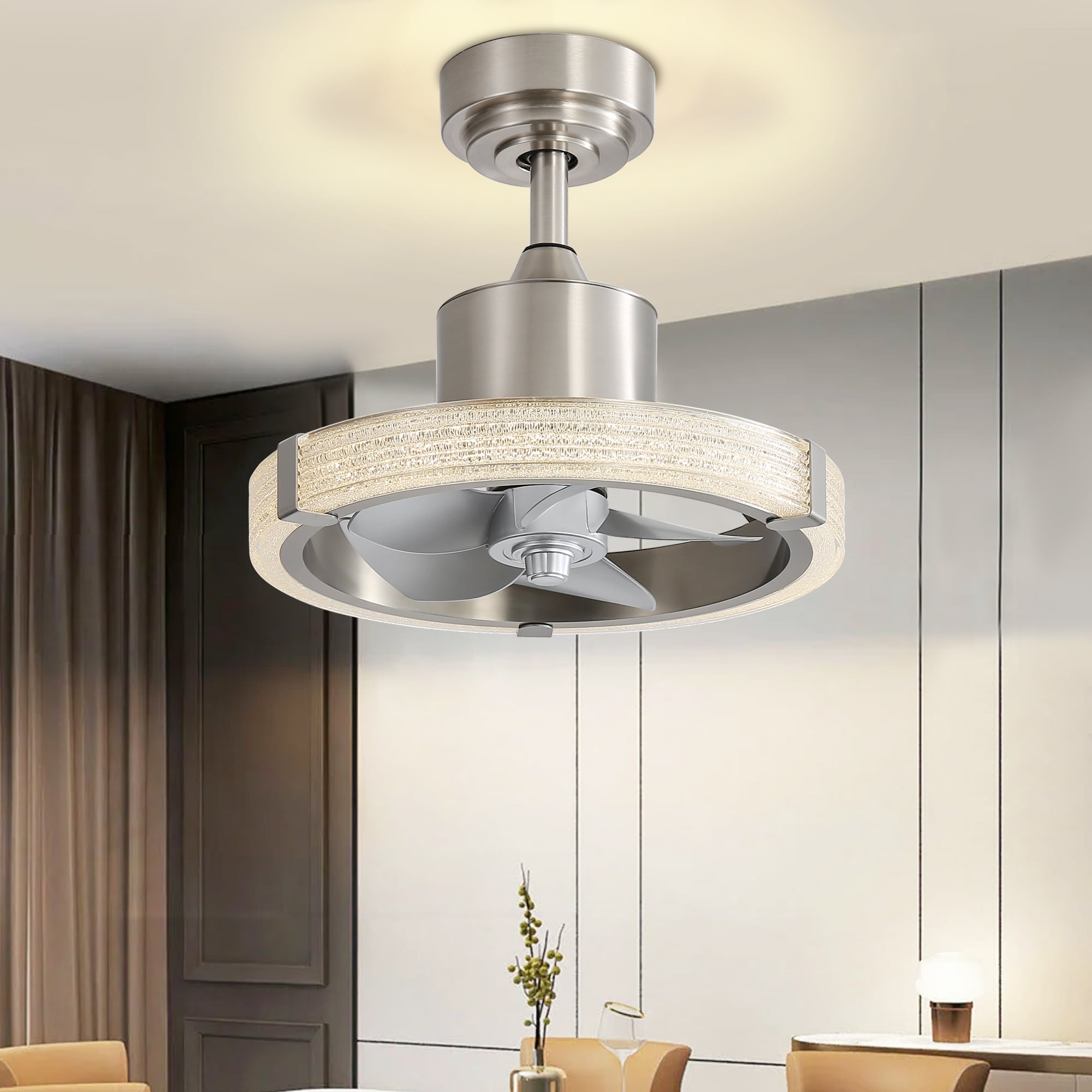 Breezary 27016-SN 16-Inches Satin Nickel with ABS Blades Color-Changing Integrated LED Fixture Indoor/Outdoor Downrod mount Fandelier Ceiling Fan With Light and Remote ( 5 -Blade)