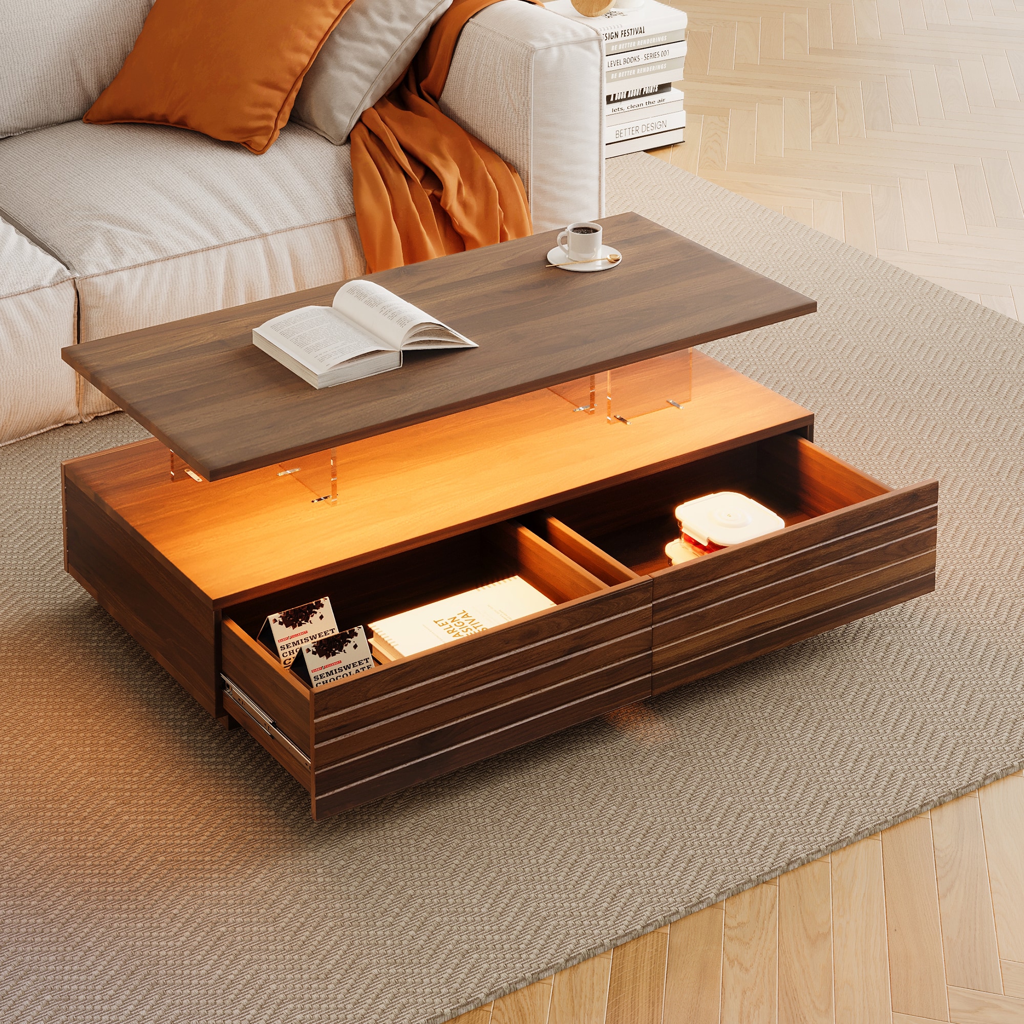 ModernLuxe L3P-N735P250962D Modern Walnut Rectangular LED Lights Coffee Table with 2 drawers in 47.2inch