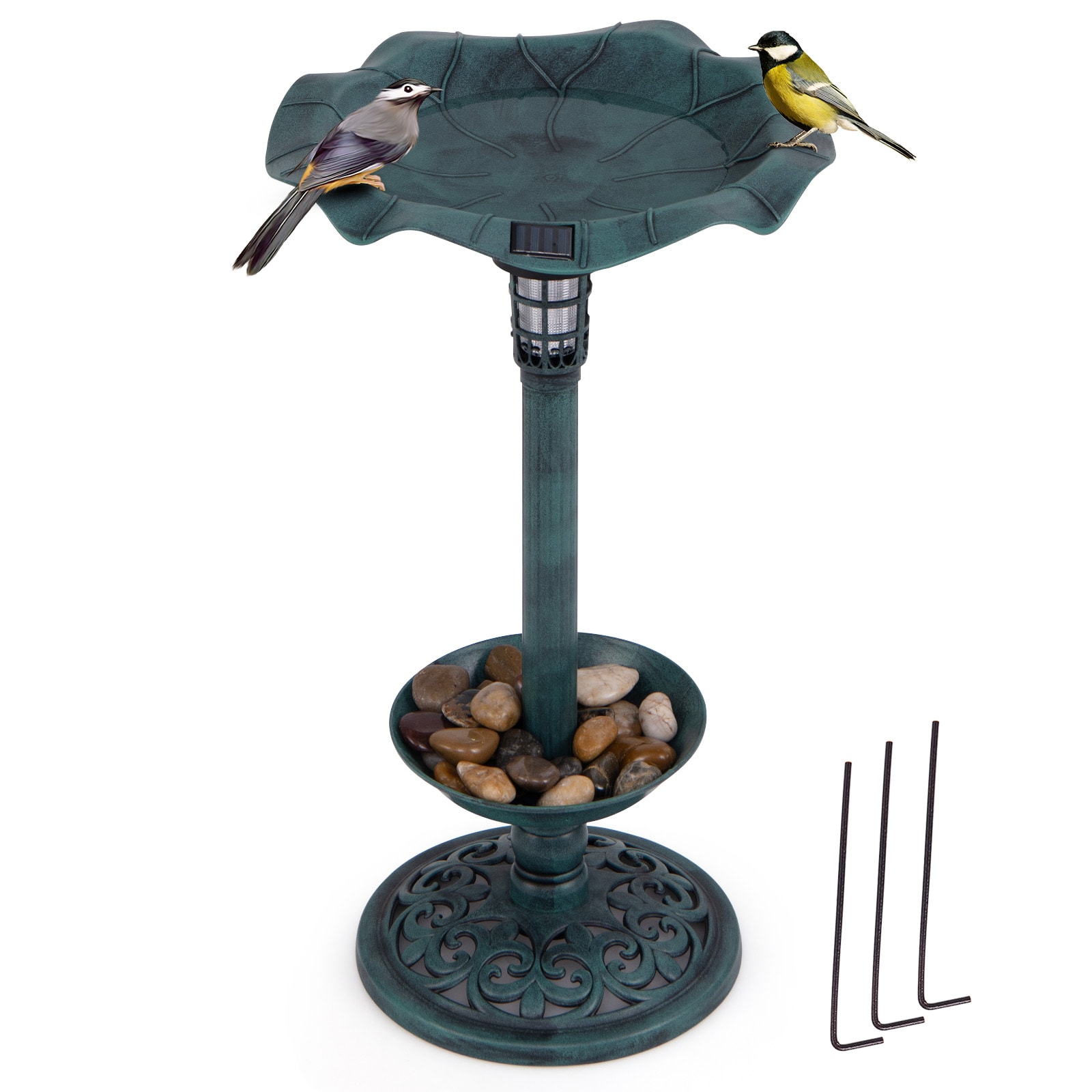 Slickblue 30 Inch H- PP Solar Birdbath with Lotus Leaf Bowl and Feeder for Backyard Use Garden or Patio- Bronze/Green