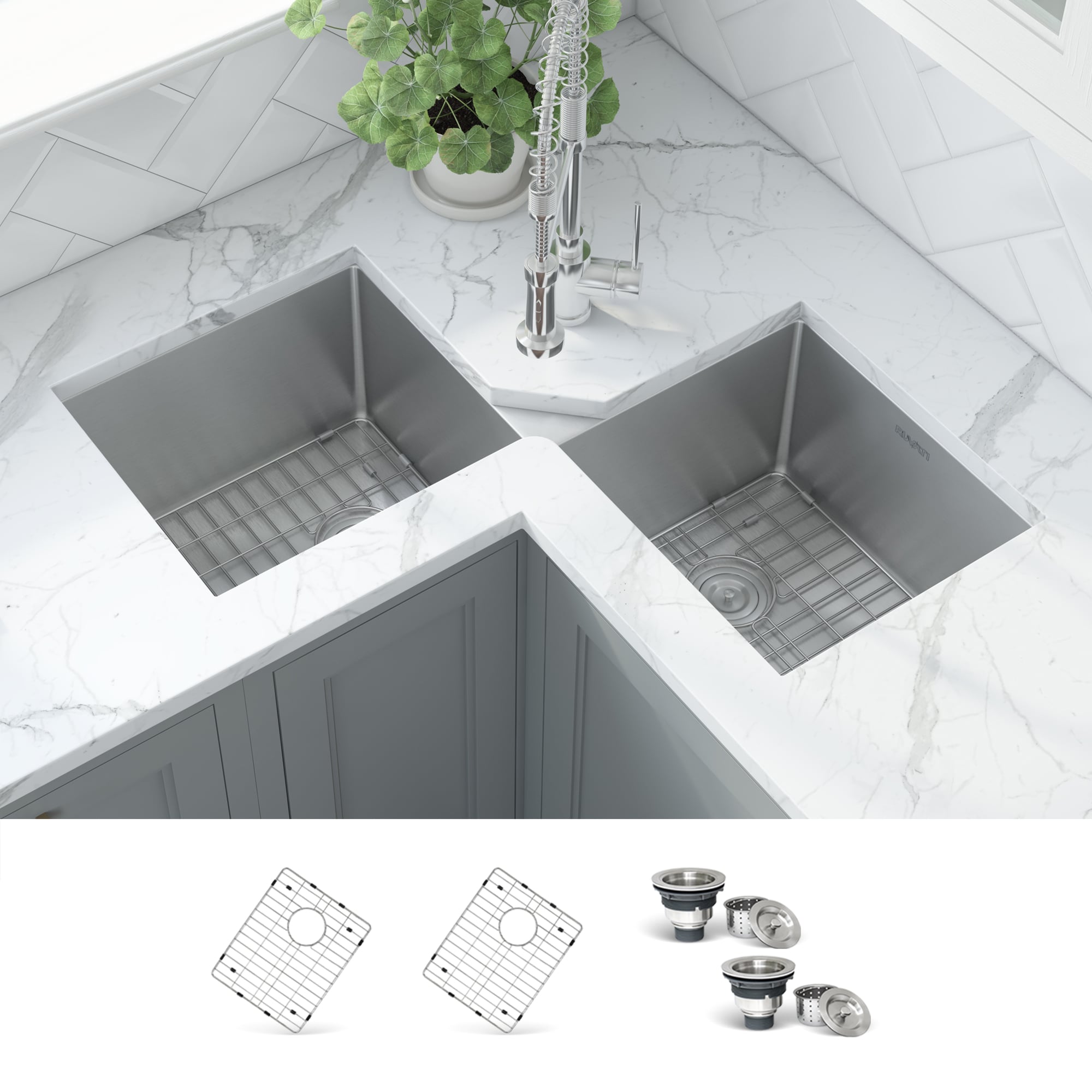 Ruvati RVH8400 Gravena Undermount 43-in x 22-in Stainless steel Double equal bowl Corner Install 16 -Gauge Kitchen Sink