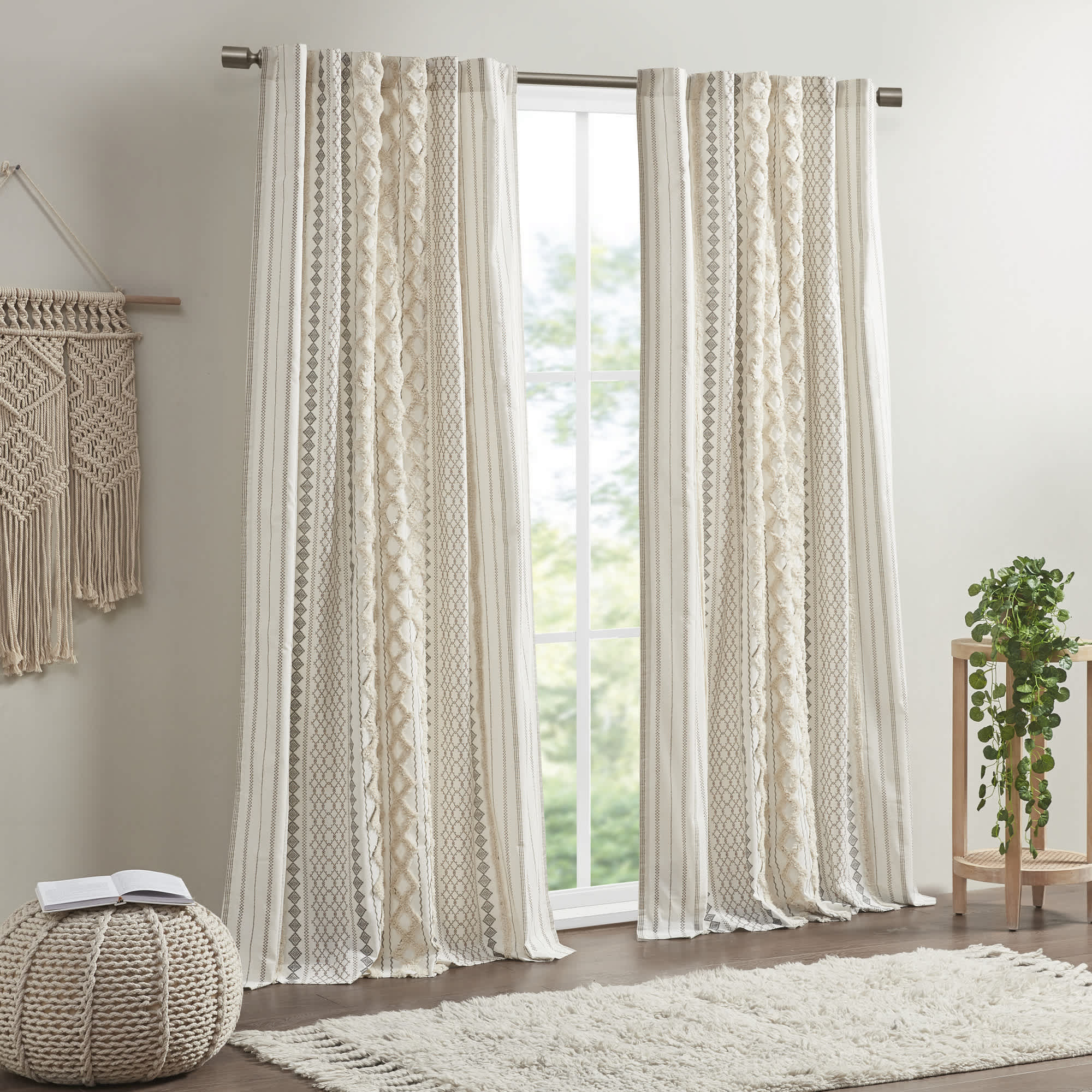 Rbied Cotton Printed Curtain Panel with Chenille Stripe and Lining 50x108in