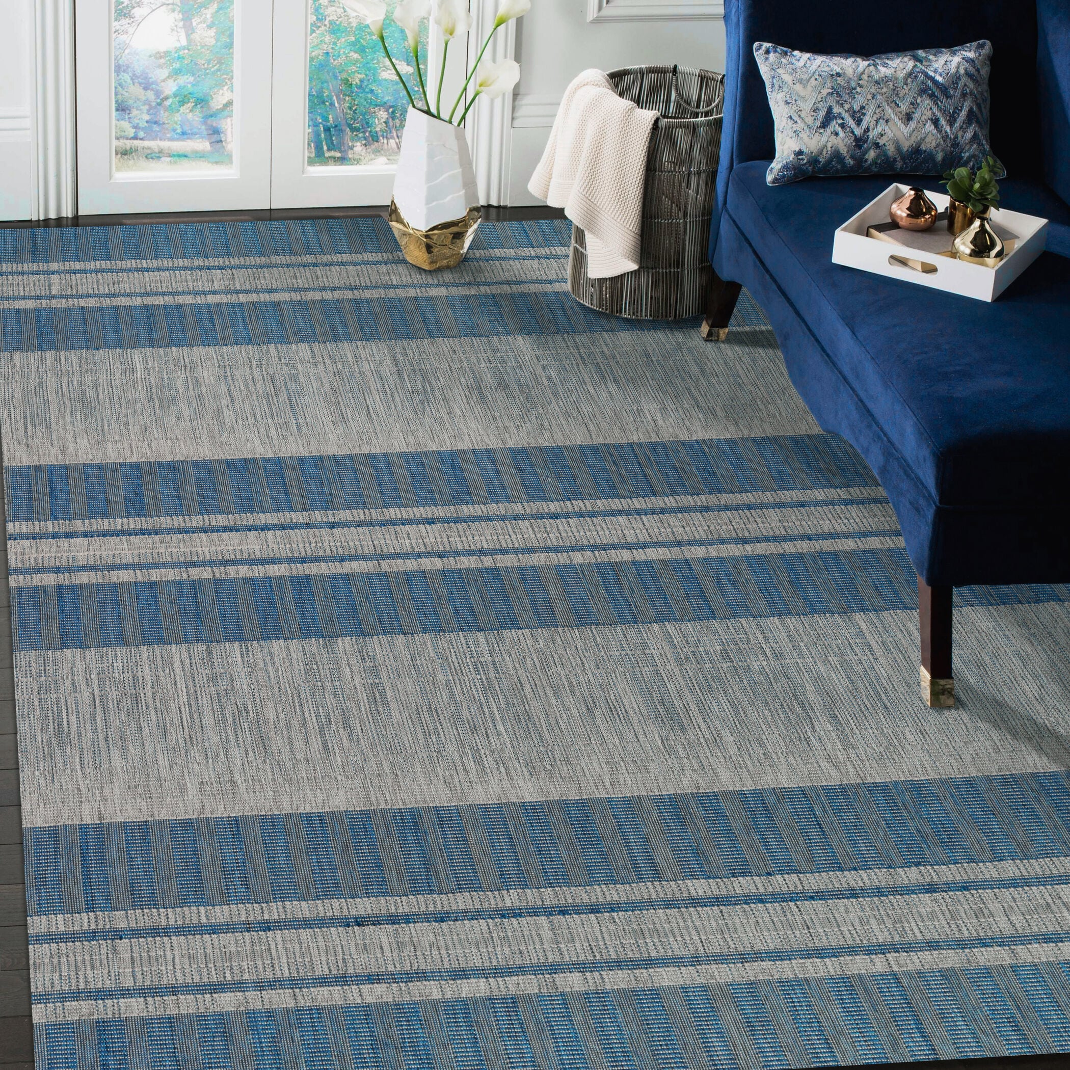 AMER MRY60406 Maryland 4 x 6 (ft) Loomed Polypropylene Blue Rectangular Indoor/Outdoor Stripe Mid-Century Modern Throw rug