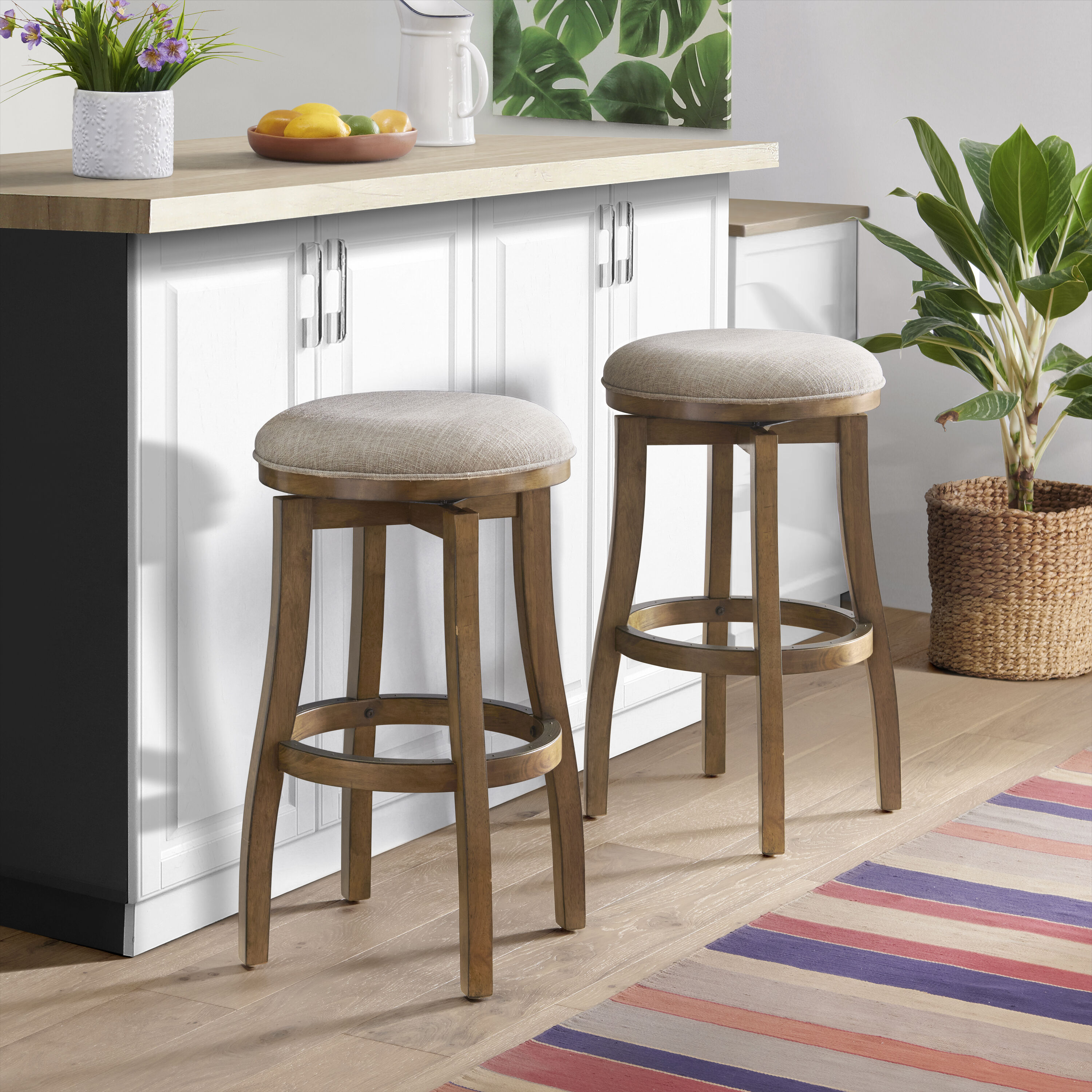 Ellie 21" Wide Solid Rubber Wood Frame Linen Fabric Counter Height Round Swivel Stool