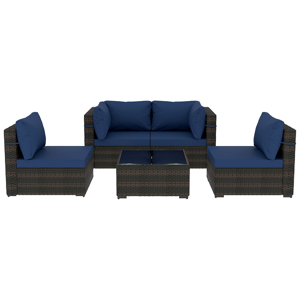 UPHA TBSF-AB-NAVYBLUE 5 -Piece Wicker Patio Sofa Conversation Set with Blue Cushions