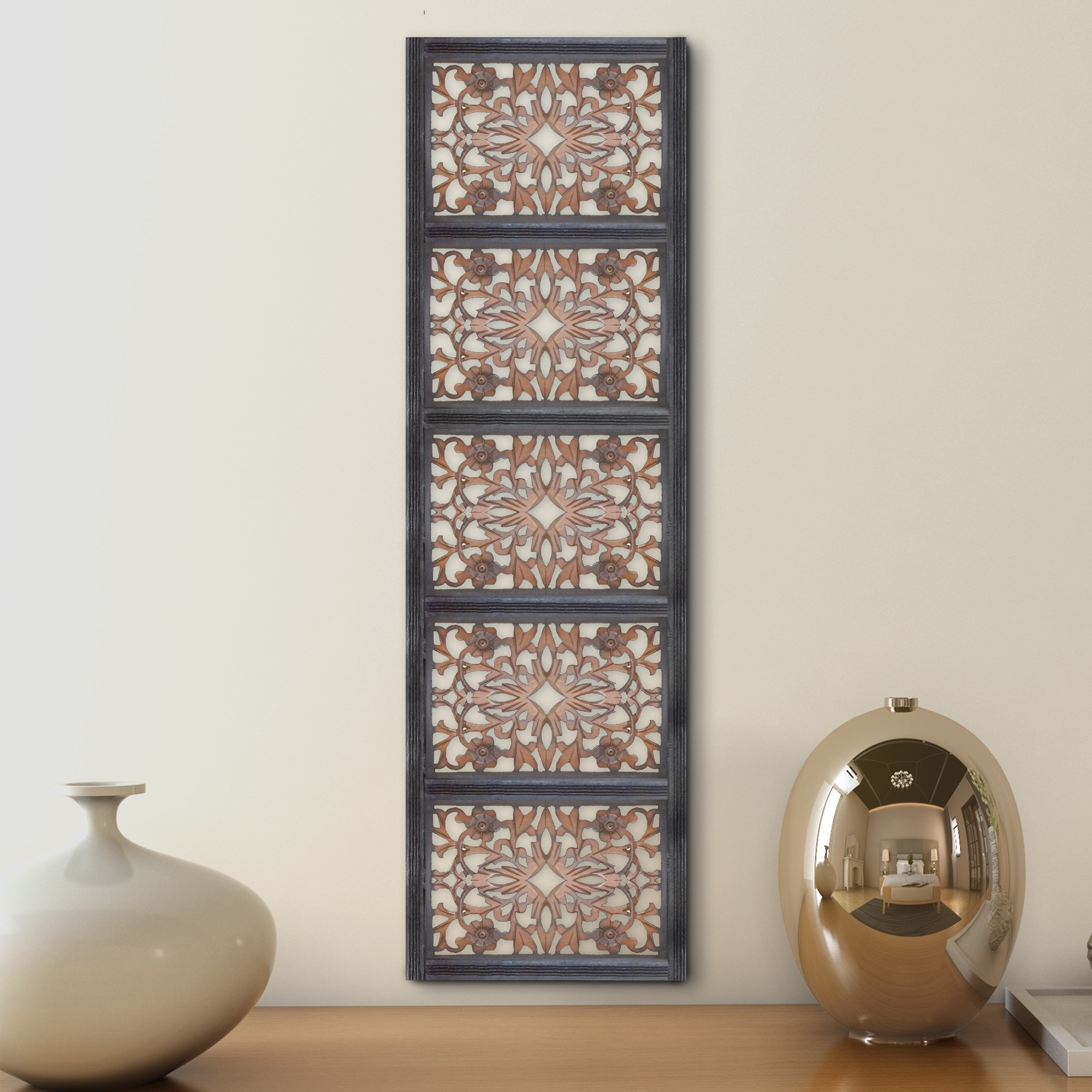 Burnt Black Mango Wood Floral Carved Wall Panel, 20" x 72"