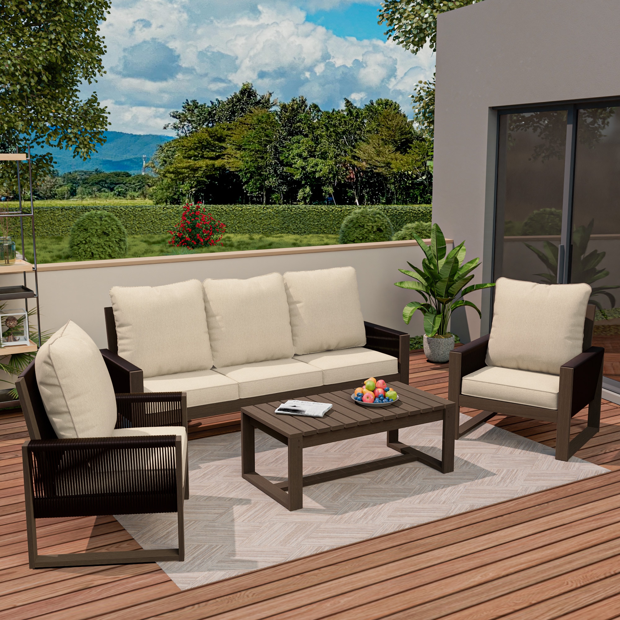 Gardenbee MA05-A0234-BGE 4 -Piece Patio Sofa Conversation Set with Beige Cushions