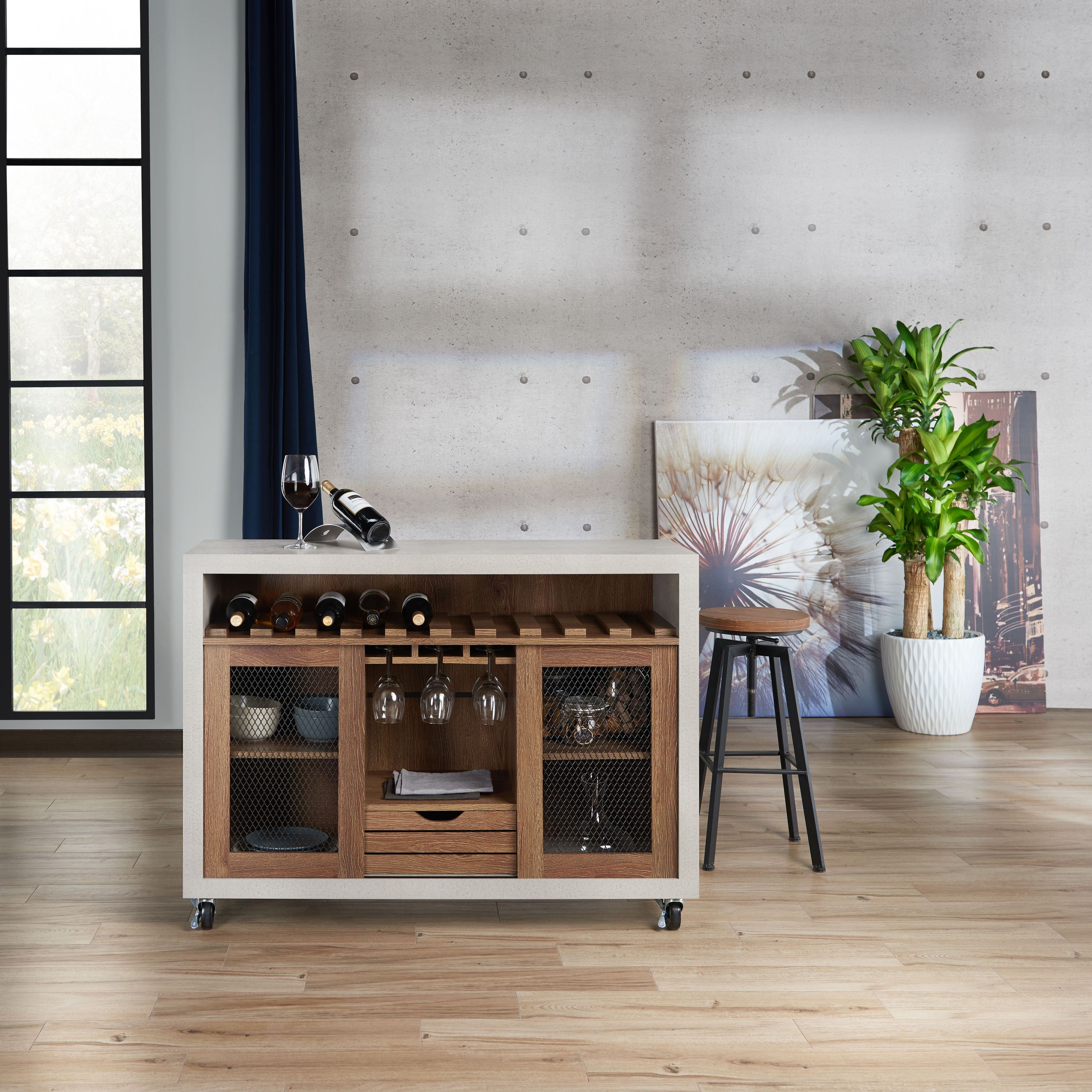 Furniture of America FGI-1774C21 Morehouse Contemporary/Modern Distressed Walnut, Cement Buffet with Wine Storage