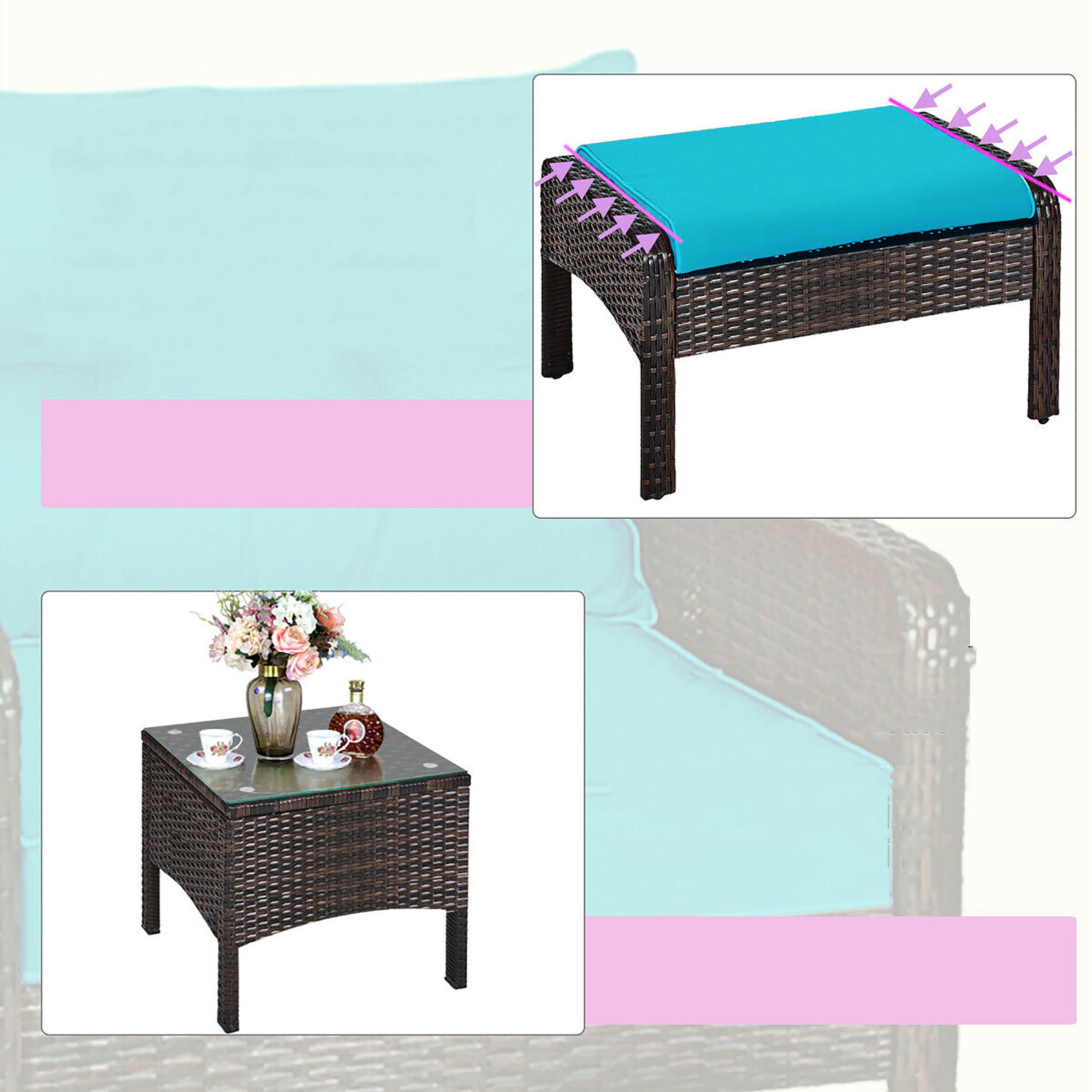 Turquoise 5-Piece Outdoor Rattan Conversation Set with Cushions