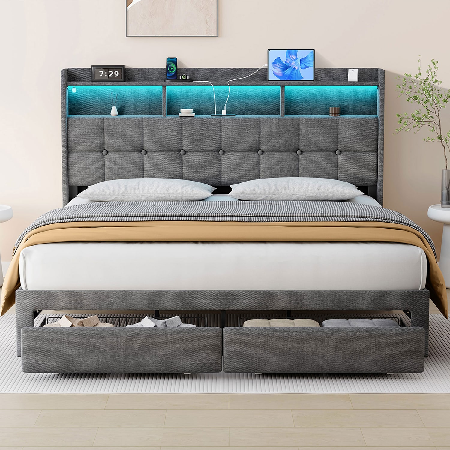 Mondawe MD-11365-11225CF Light Gray King Upholstered Platform Bed with Storage